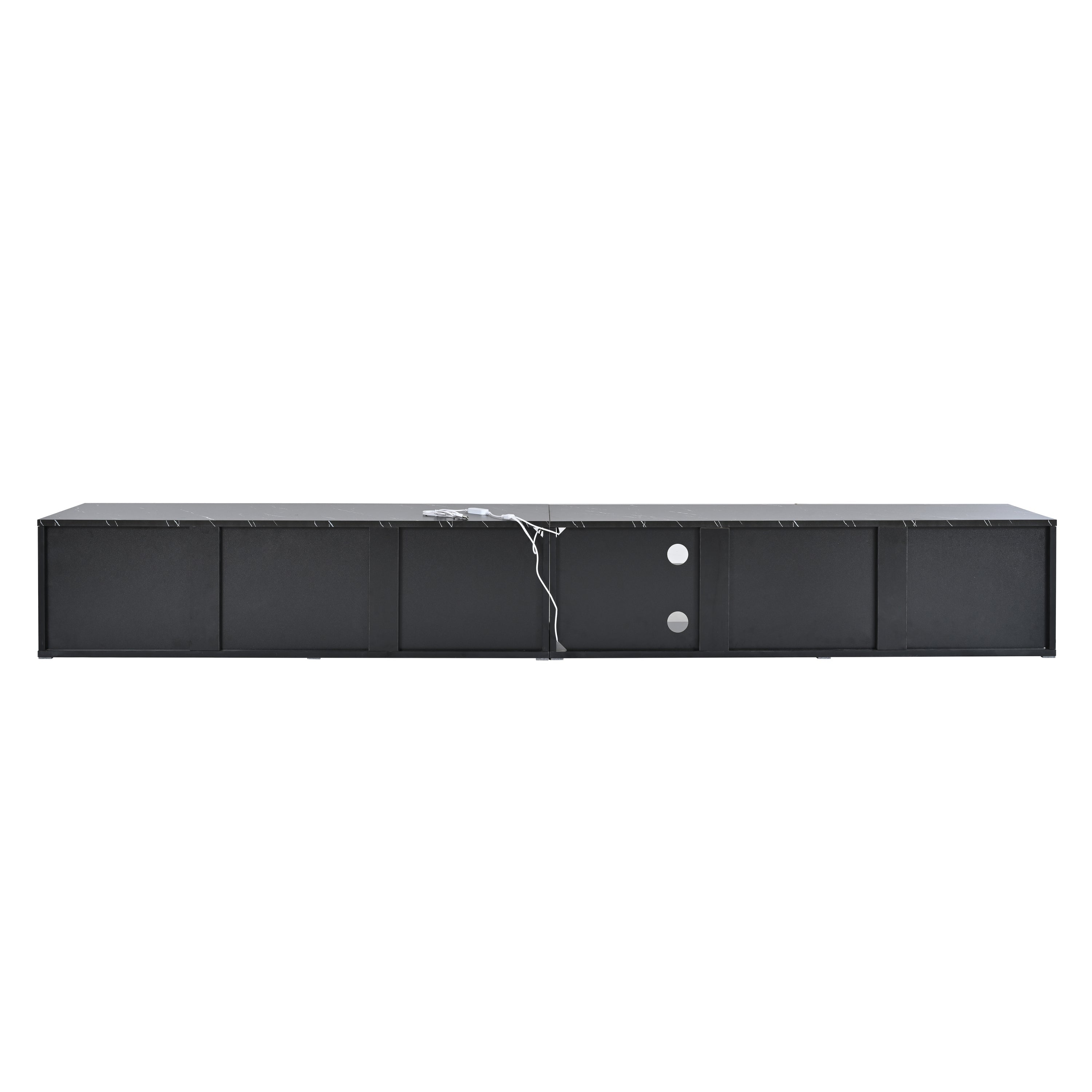 ON-TREND Modern APP Controlled LED TV Stand for TVs Up to 105'', Faux Marble Tabletop Media Console with Tempered Glass Doors, Entertainment Center with 2 Drawers & Cabinets for Living Room, Black