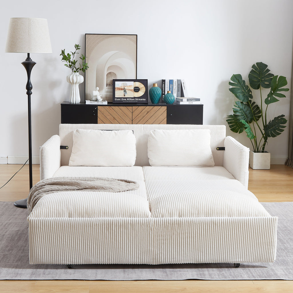 MH'' 64.5 Inch Sleeper Sofa Bed  3-in-1 Adjustable Sleeper with Pullout Bed   2 Pillows and Side Pockets  Soft Corduroy Convertible Sleeper Sofa Bed for Living Room Bedroom Apartment Office