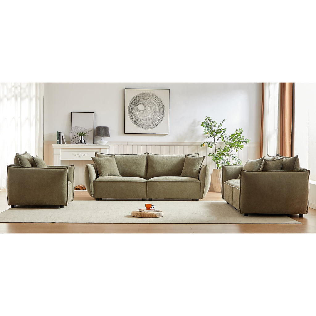 3-Seater + 3-Seater + 1-Seater Combo Sofa Modern Living Room Sofa, Linen Fabric Sofa, Wooden Frame with 5 Pillows, Apartment Sofa Furniture