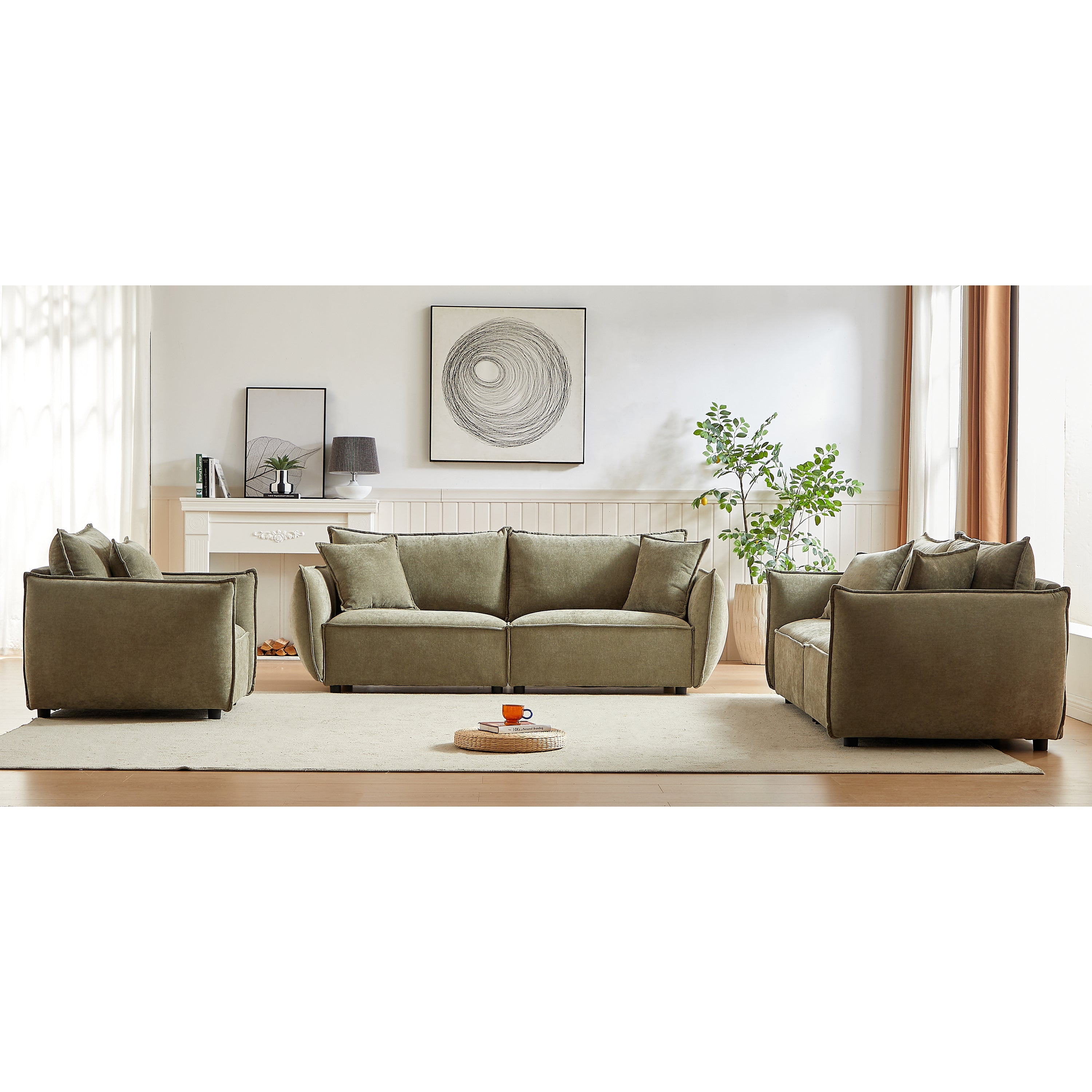 3-Seater + 3-Seater + 1-Seater Combo Sofa Modern Living Room Sofa, Linen Fabric Sofa, Wooden Frame with 5 Pillows, Apartment Sofa Furniture