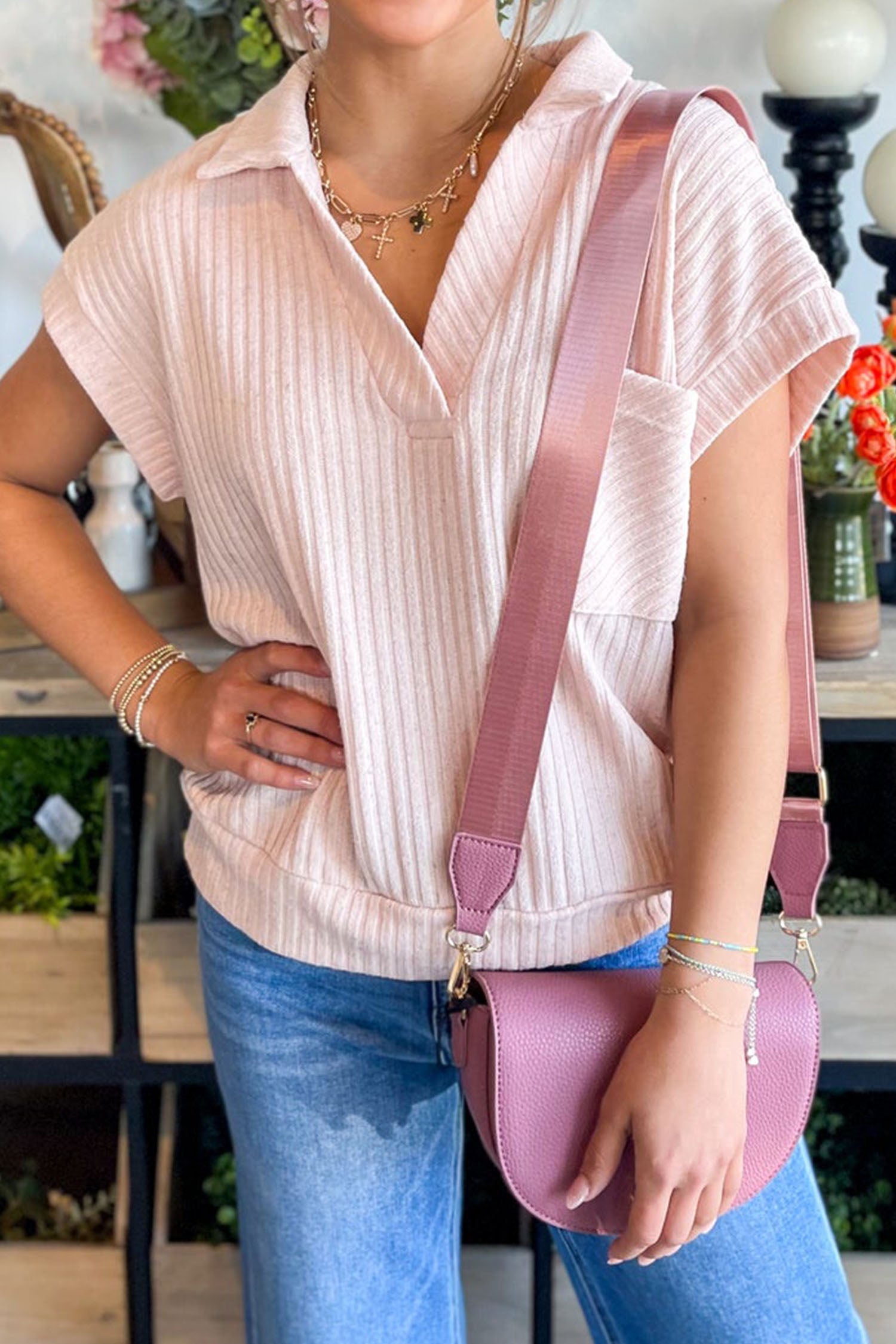 Solid Ribbed Knit Collared V-Neck Tee