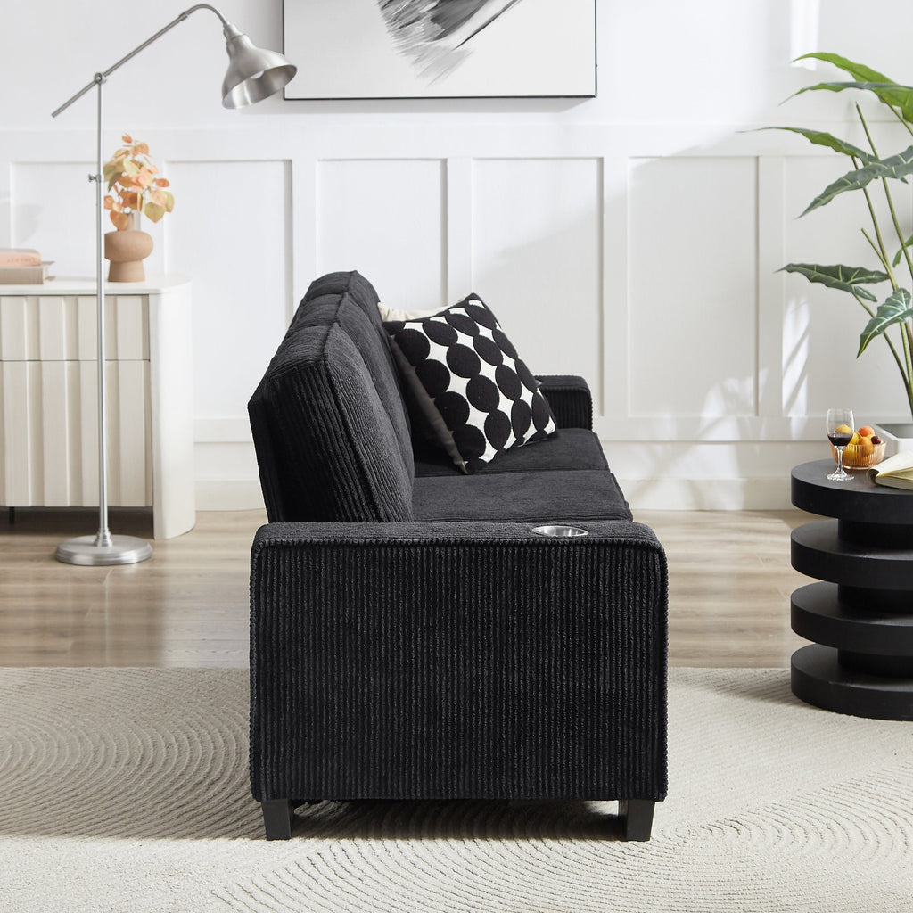 Modern Corduroy Fabric Sofa, 3-Seater Compressed Couch with Cup Holders, Black, 84.25'
