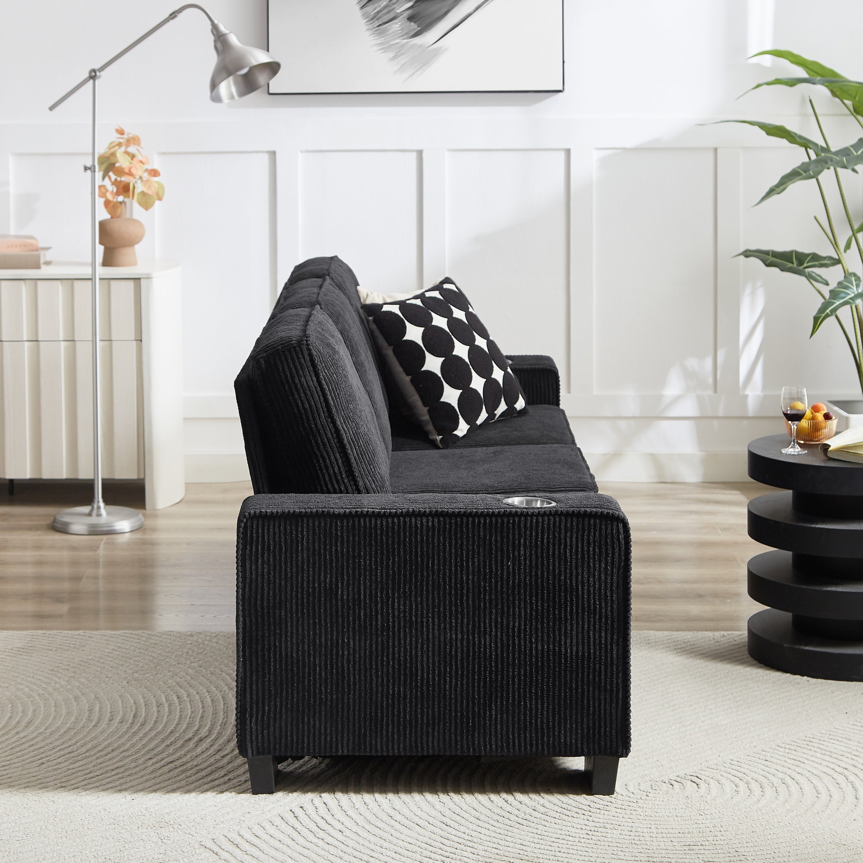 Modern Corduroy Fabric Sofa, 3-Seater Compressed Couch with Cup Holders, Black, 84.25'