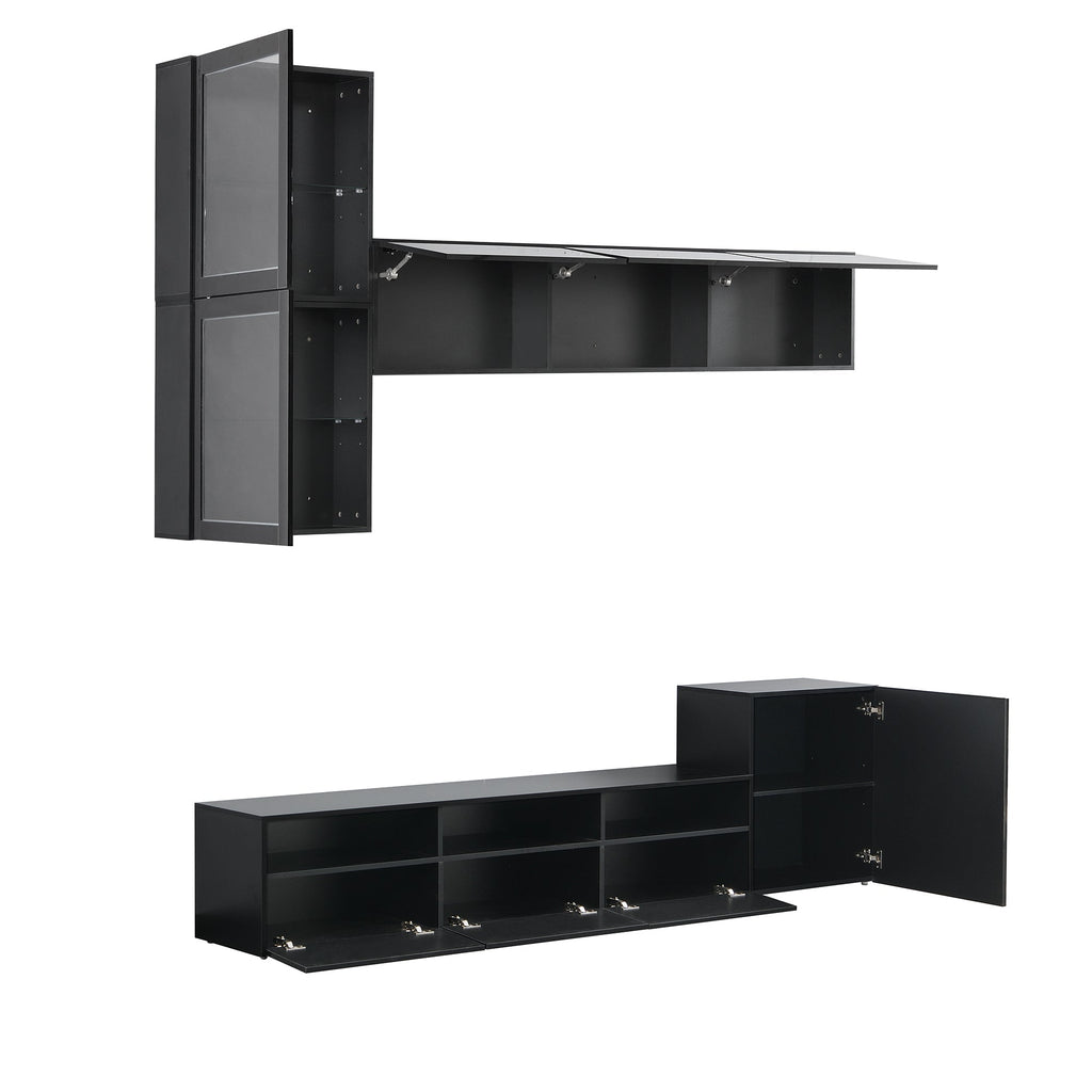 ON-TREND High Gloss TV Stand with Ample Storage Space, Media Console for TVs Up to 78', Versatile Entertainment Center with Wall Mounted Floating Storage Cabinets for Living Room, Black