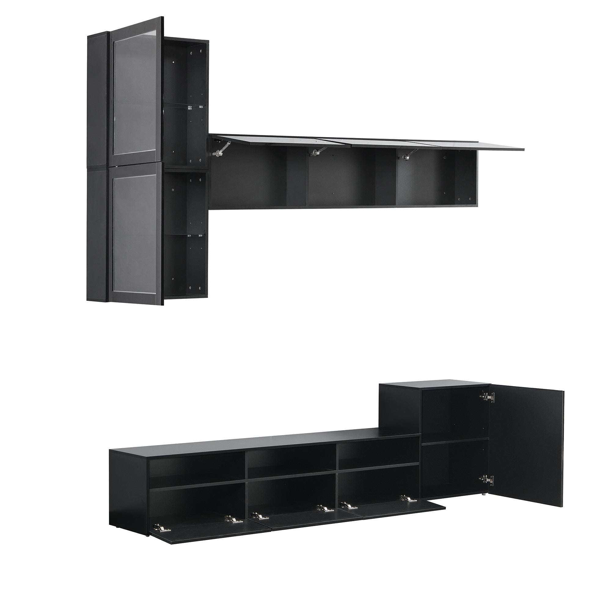 ON-TREND High Gloss TV Stand with Ample Storage Space, Media Console for TVs Up to 78', Versatile Entertainment Center with Wall Mounted Floating Storage Cabinets for Living Room, Black