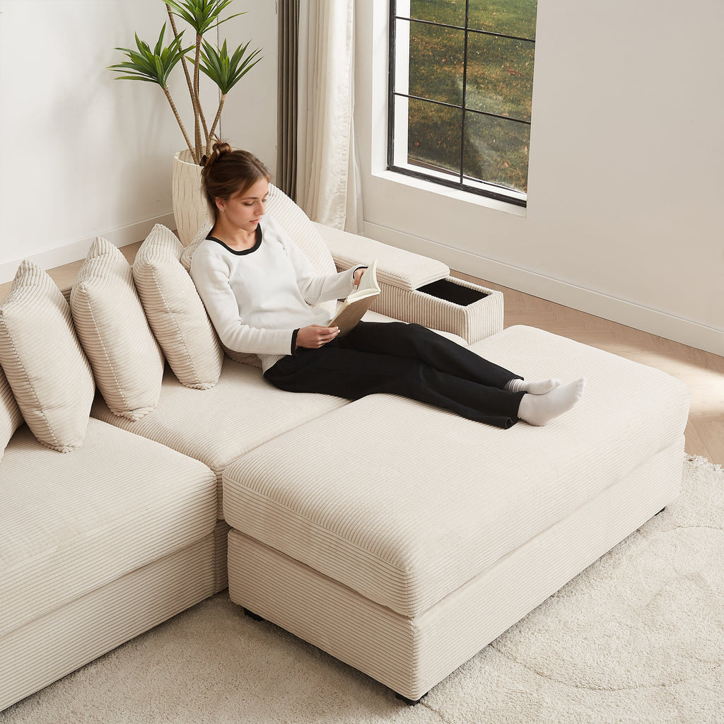 Luxe Oversized L Shaped Sofa with Chaise,Comfy Corduroy L Shaped Sectional Couches with 8 Pillows and Two Armrest storage space,Soft Fluffy Upholstered Sofa Bed for Living Room Apartment Bedroom