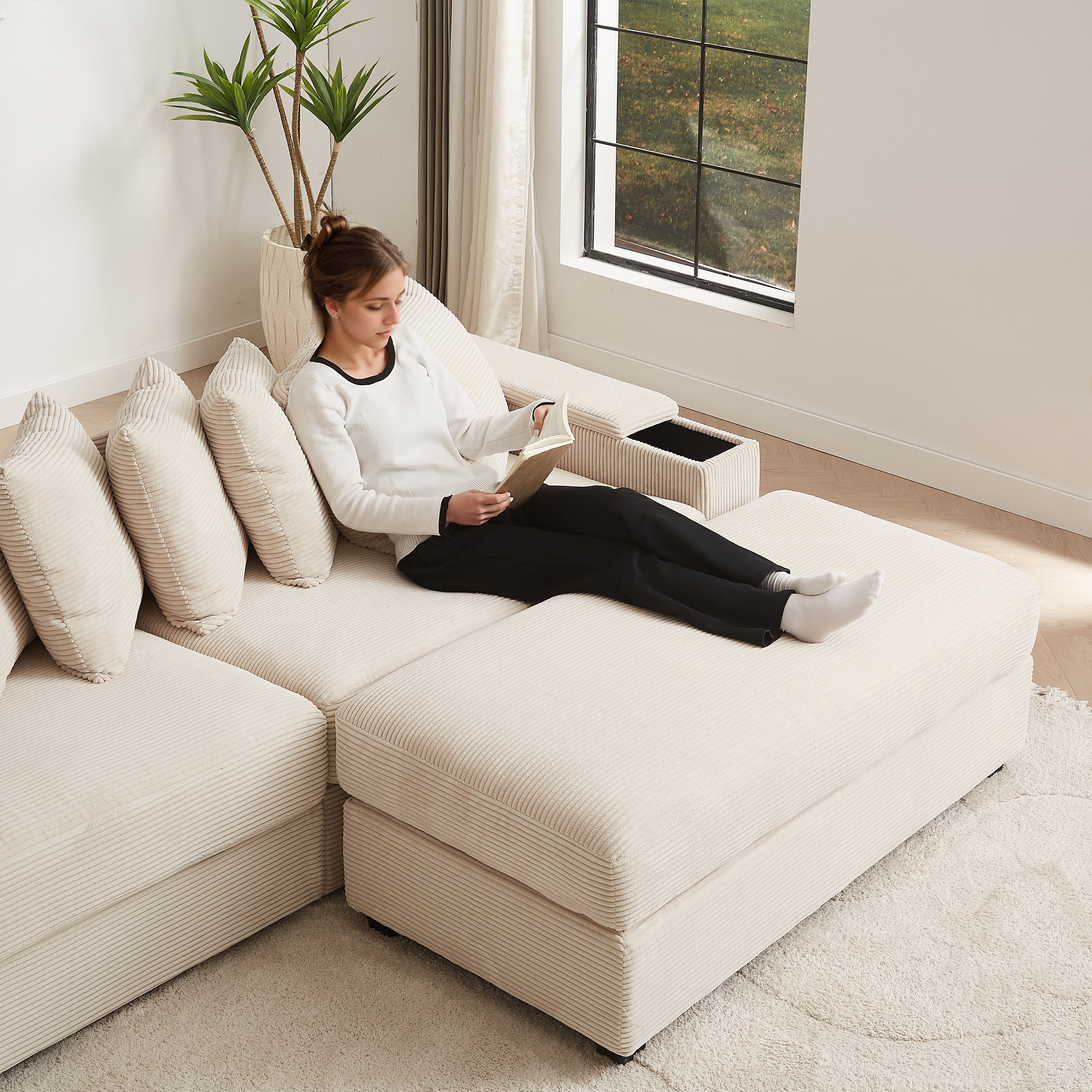Luxe Oversized L Shaped Sofa with Chaise,Comfy Corduroy L Shaped Sectional Couches with 8 Pillows and Two Armrest storage space,Soft Fluffy Upholstered Sofa Bed for Living Room Apartment Bedroom