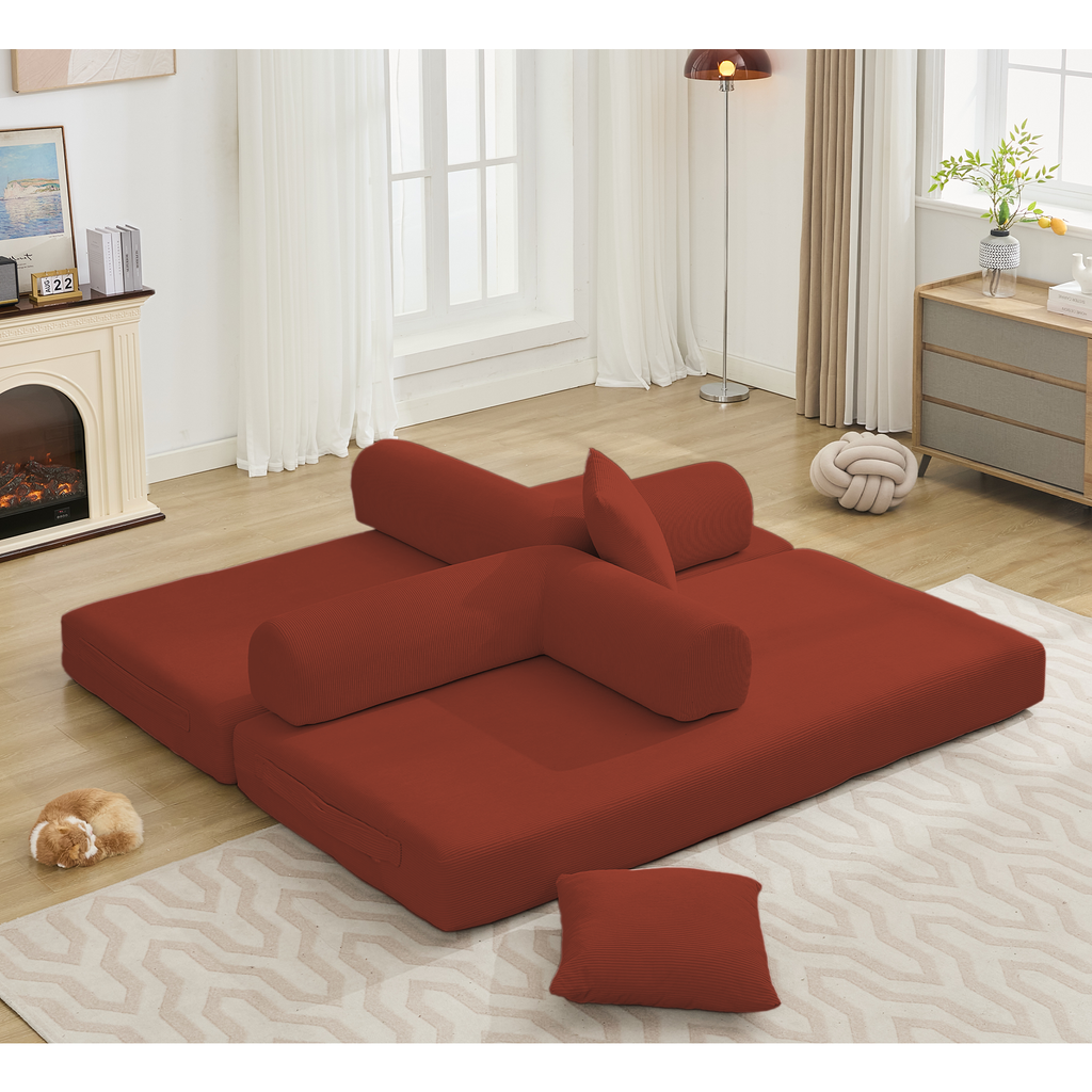 [NEW ARRIVED] [VIDEO PROVIDED] 78.5' Folding Convertible Out Sleeper Sofa Bed,5-in-1 DIY Combination Convertible  Sofa, 3 seat, Folding Sleeper Sofa, King Size , Bedroom,Apartment,Corduroy,Ancora Red