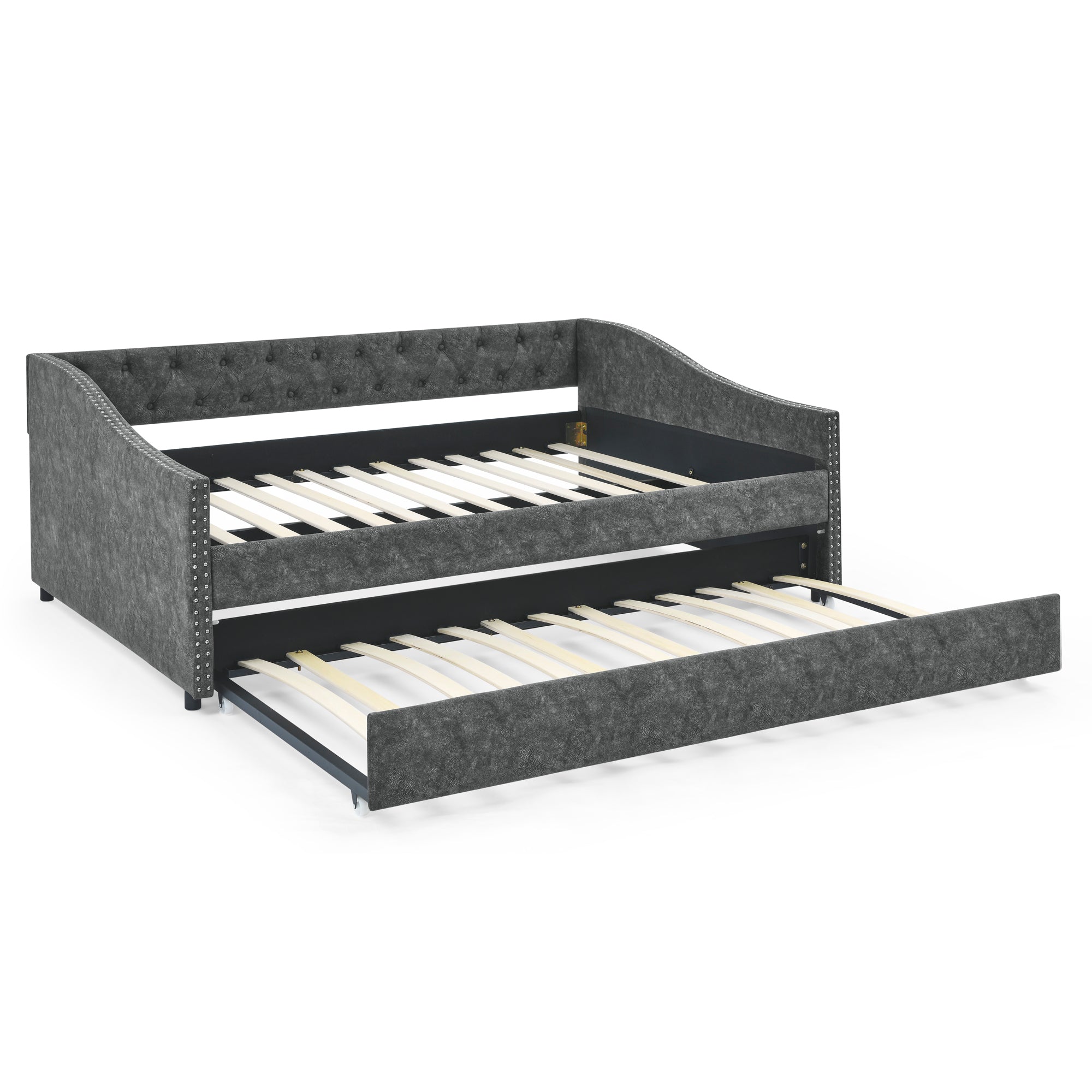 Full Size Daybed with Twin Size Trundle Upholstered Tufted Sofa Bed, with Button on Back and Copper Nail on Waved Shape Arms,Grey (80.5'x55.5'x27.5')
