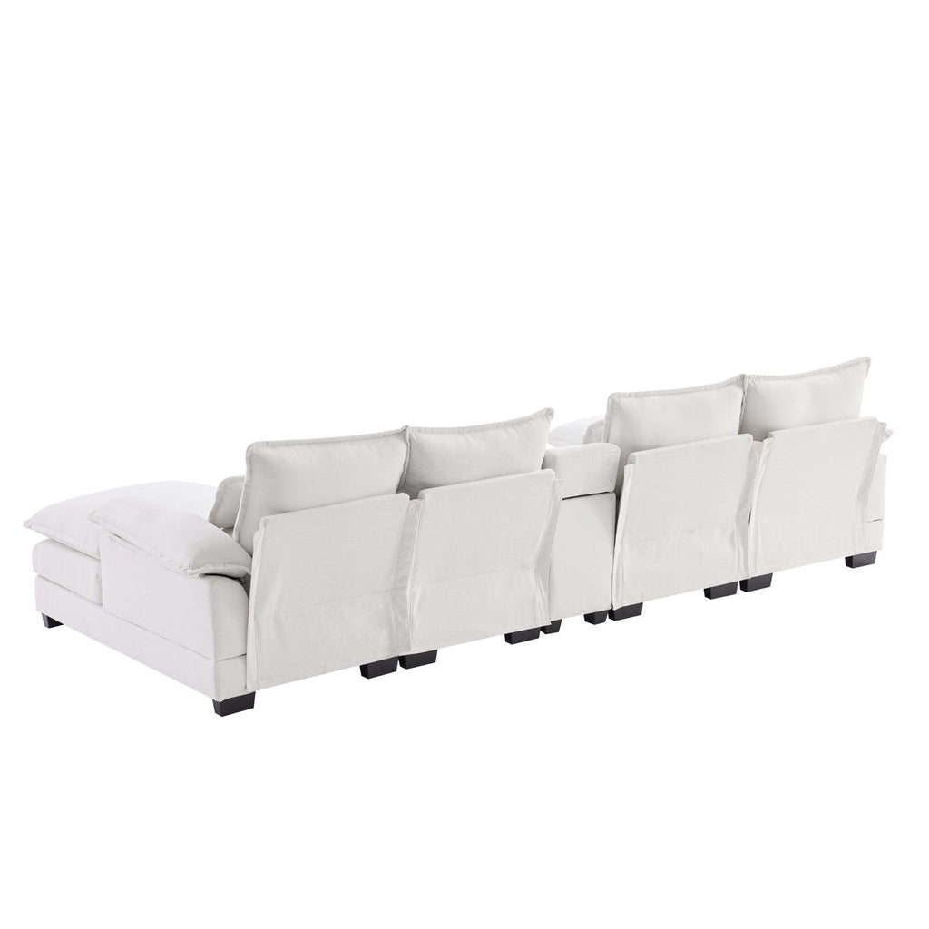 Modern U-shaped Sofa with Console, Cupholders & USB Ports, 6-seat Upholstered Furniture, Chenille, 123*55 inches, White