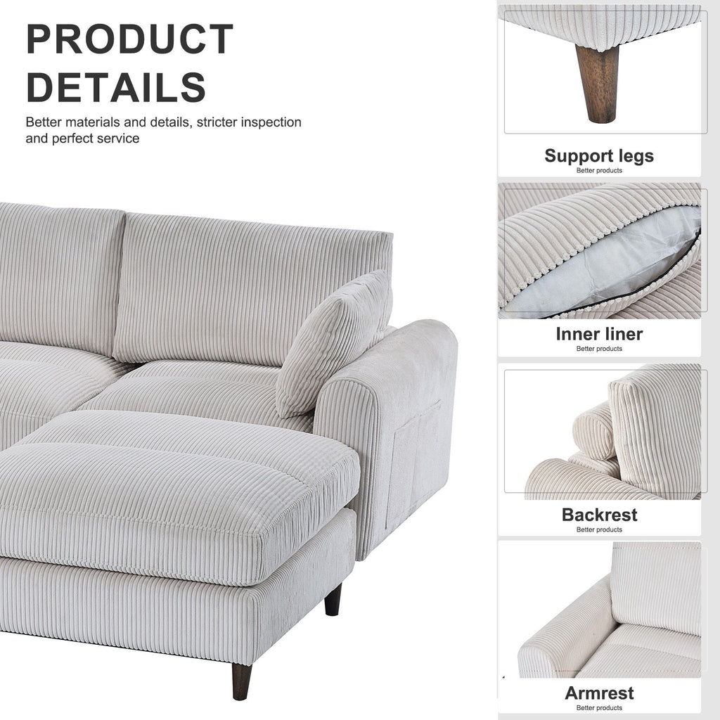 Modern corduroy modular section sofa, U-shaped convertible L-shaped sofa set with pillow, oversized sectional sofa with footstool, suitable for living room, attic, apartment, office - white 6 seat