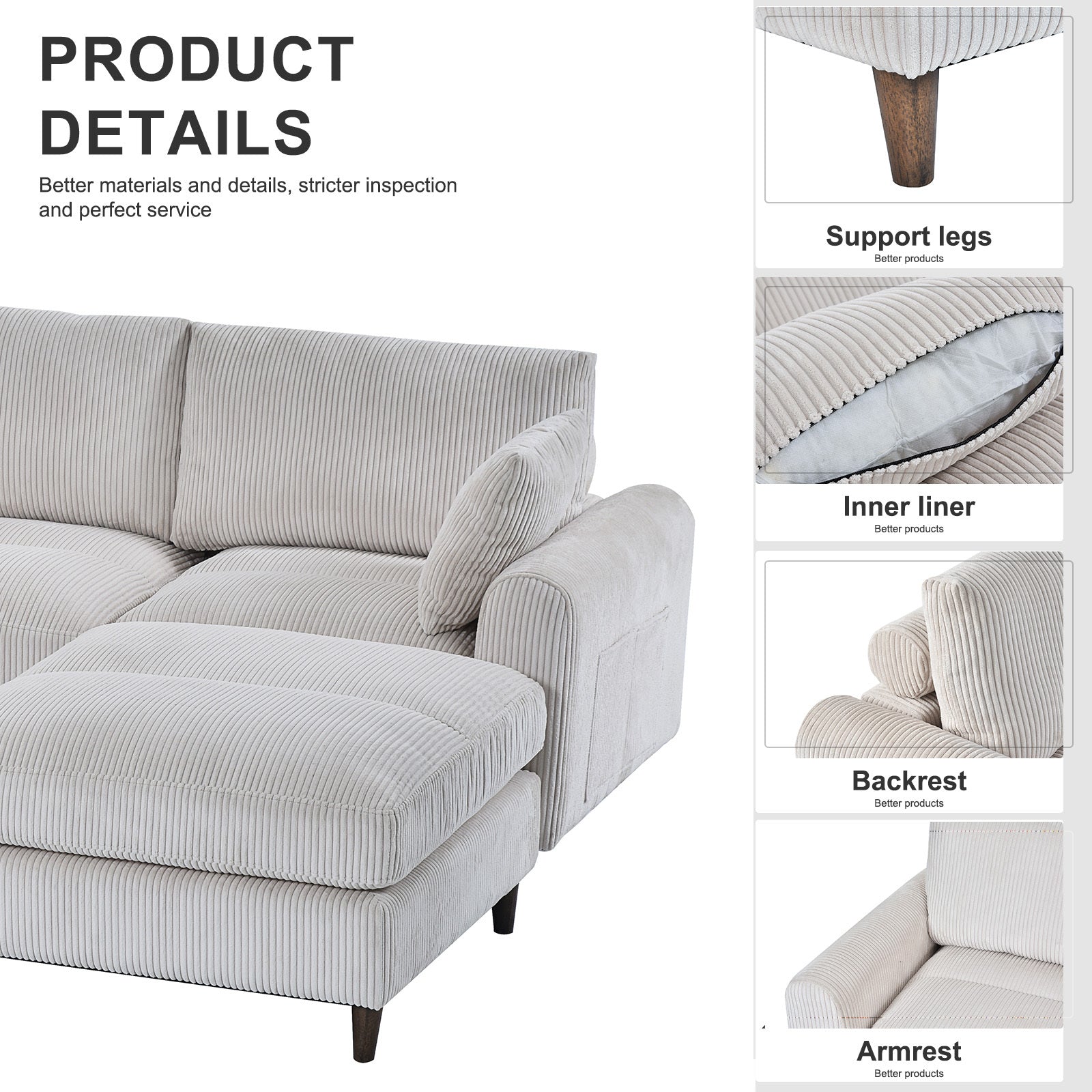 Modern corduroy modular section sofa, U-shaped convertible L-shaped sofa set with pillow, oversized sectional sofa with footstool, suitable for living room, attic, apartment, office - white 6 seat