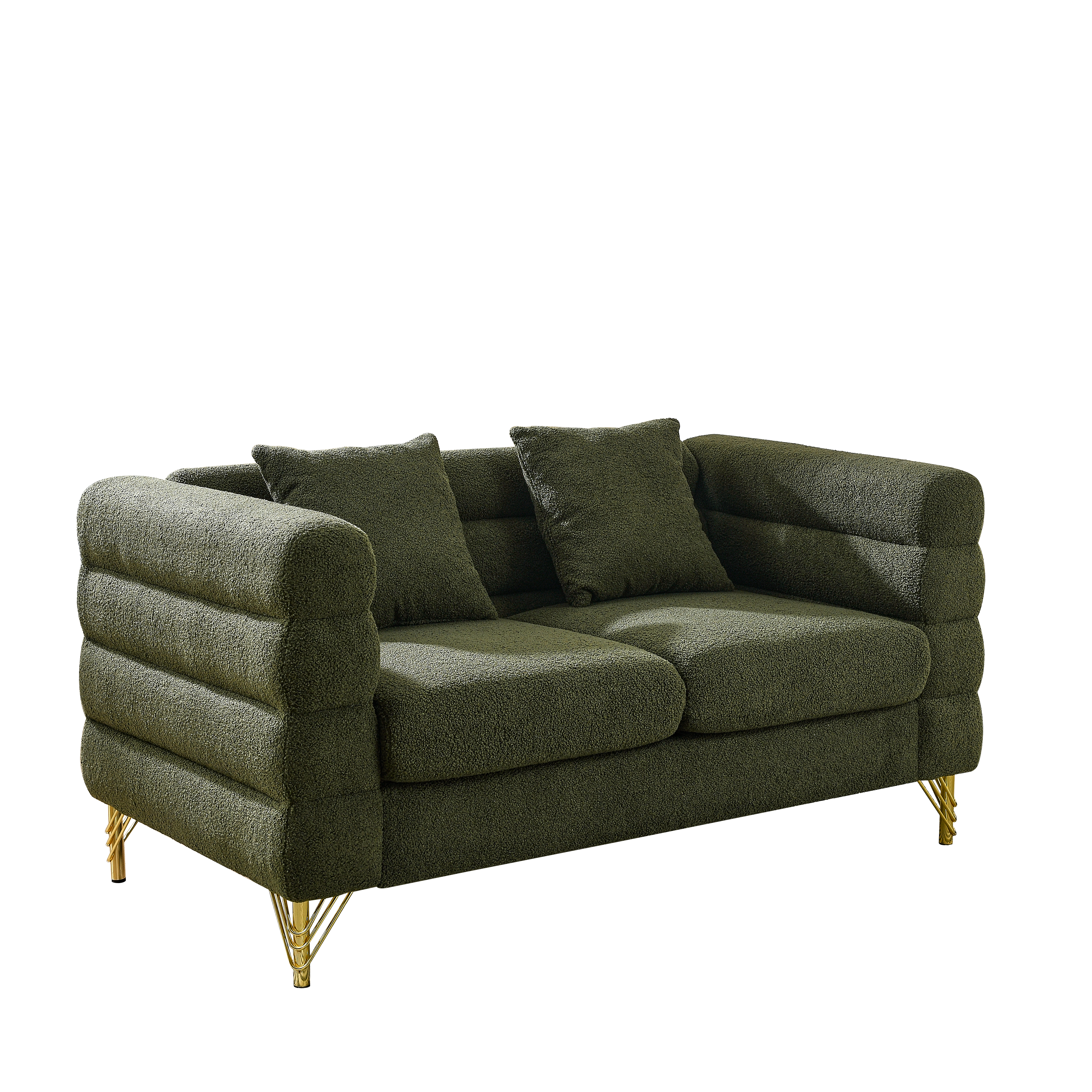 60Inch Oversized 2 Seater Sectional Sofa, Living Room Comfort Fabric Sectional Sofa-Deep Seating Sectional Sofa, Soft Sitting with 2 Pillows for Living Room, Bedroom, Office, Green teddy( W834S00032)