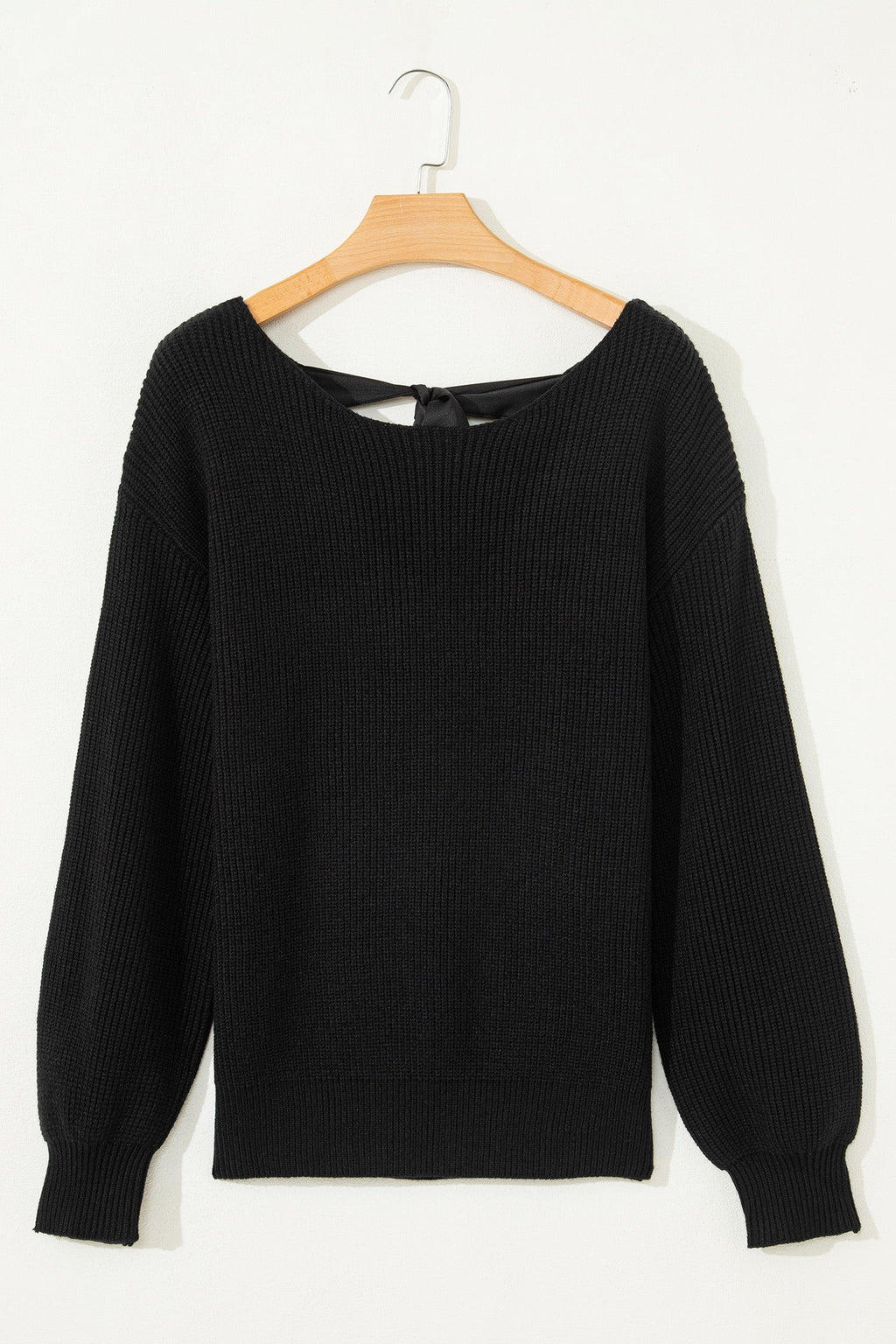 Ribbon Knot Backless Drop Shoulder Ribbed Sweater