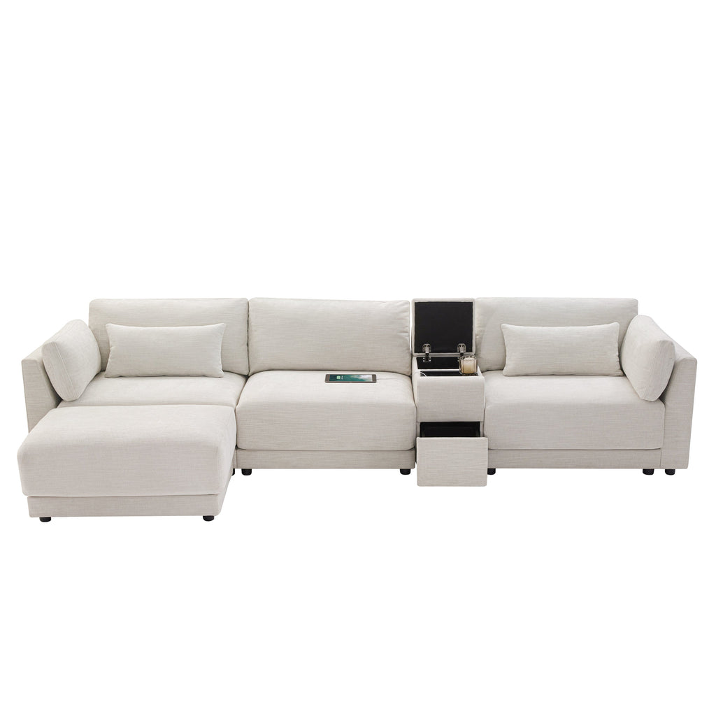 [VIDEO+NEW]124'' Modular Sectional Sofa with Storage Console and Movable Ottoman,33'' Wide Seat,4 Seat L Shaped Chenille Couch,Reversible Comfy Sofa with USB Charger for Living Room,Apartment,2 Colors