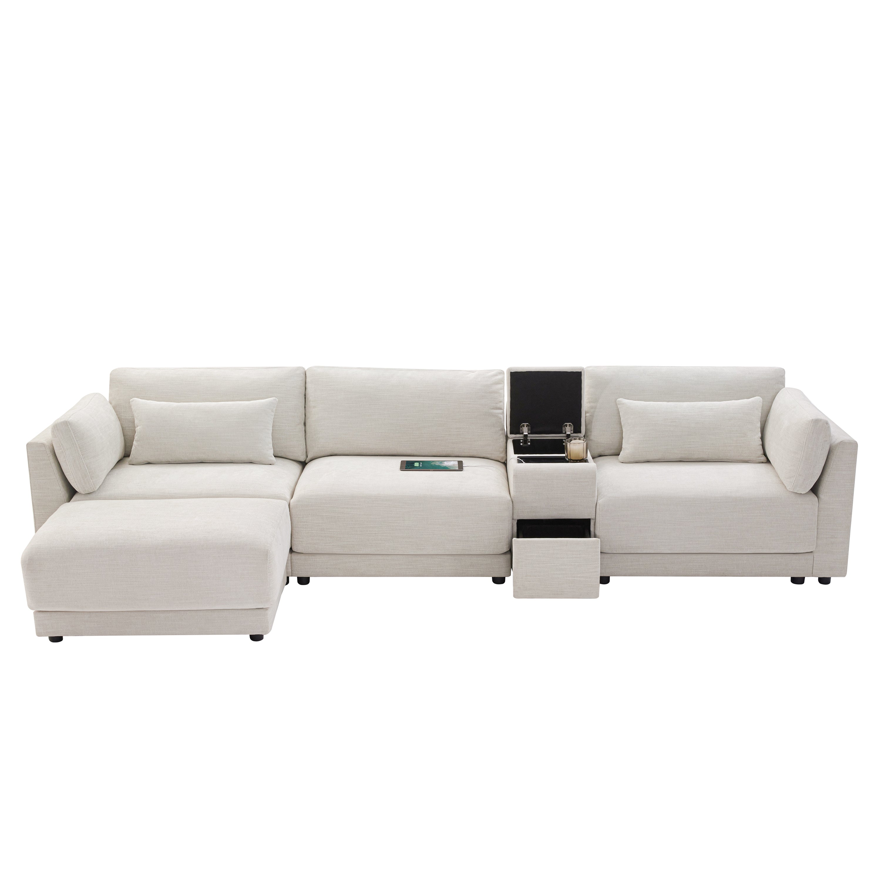 [VIDEO+NEW]124'' Modular Sectional Sofa with Storage Console and Movable Ottoman,33'' Wide Seat,4 Seat L Shaped Chenille Couch,Reversible Comfy Sofa with USB Charger for Living Room,Apartment,2 Colors