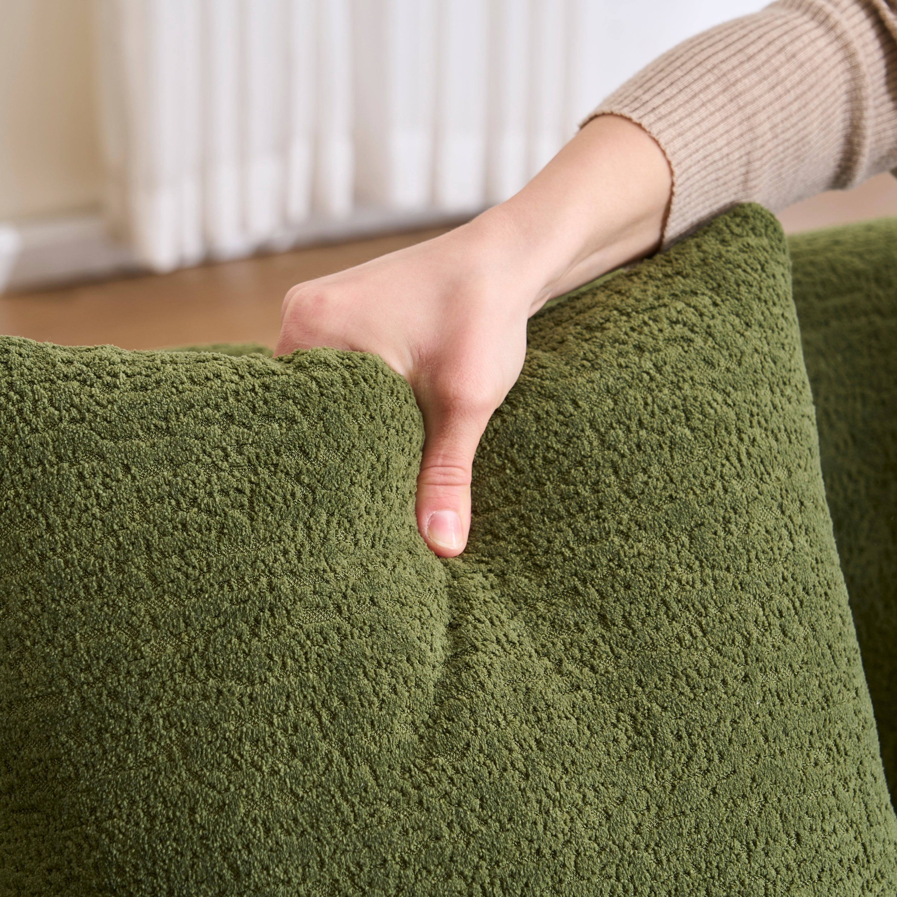 Compression Sponge L-Shape Sectional Sofa with Curved Chaise, Green Modular Chenille Couch No Assembly Required, 30D High-Density for Living Room Bedroom Apartment Lounge.