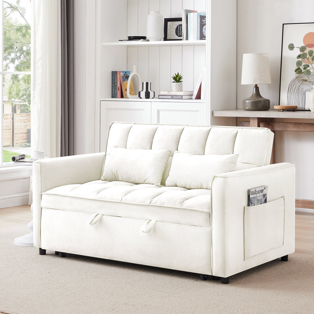55.1-inch 3-in-1 convertible sofa bed, modern velvet double sofa Futon sofa bed with adjustable back, storage bag and pillow, for living room, bedroom (Off white)