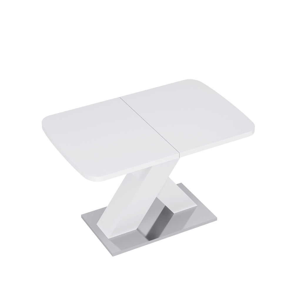 Modern Square Dining Table, Stretchable, White Table Top+MDF X-Shape Table Leg with Metal Base