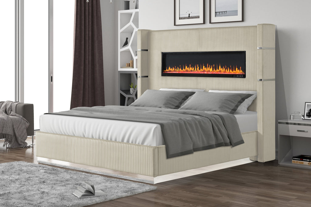 LIZZELLE Upholstery Wooden King 5 PC Bedroom set with Ambient lighting in Beige Velvet Finish(NJ INVENTORY)