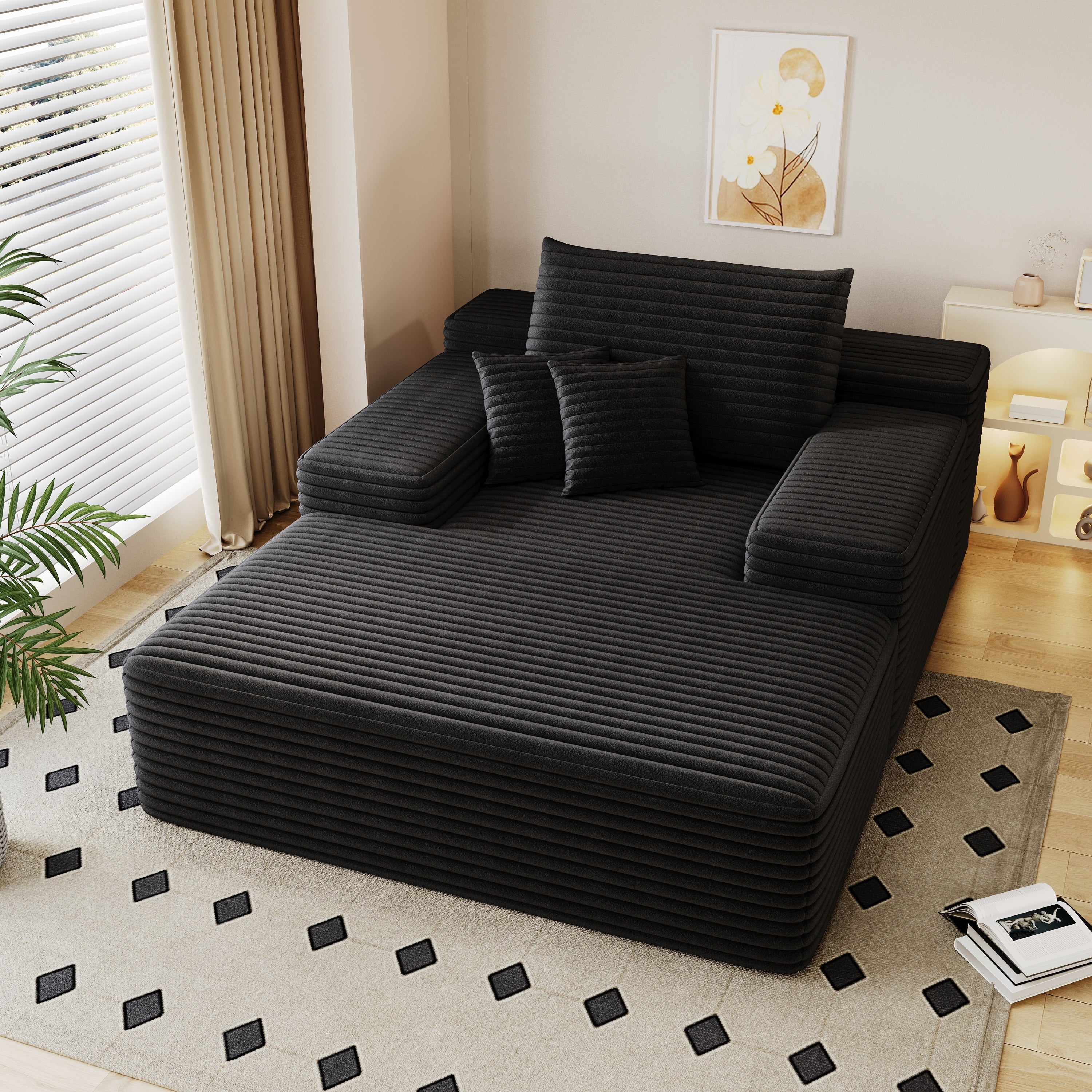 Modern Sofa bed  lounger for moviebonus room,No Assembly Required,Black(Plush Corduroy Fabric)