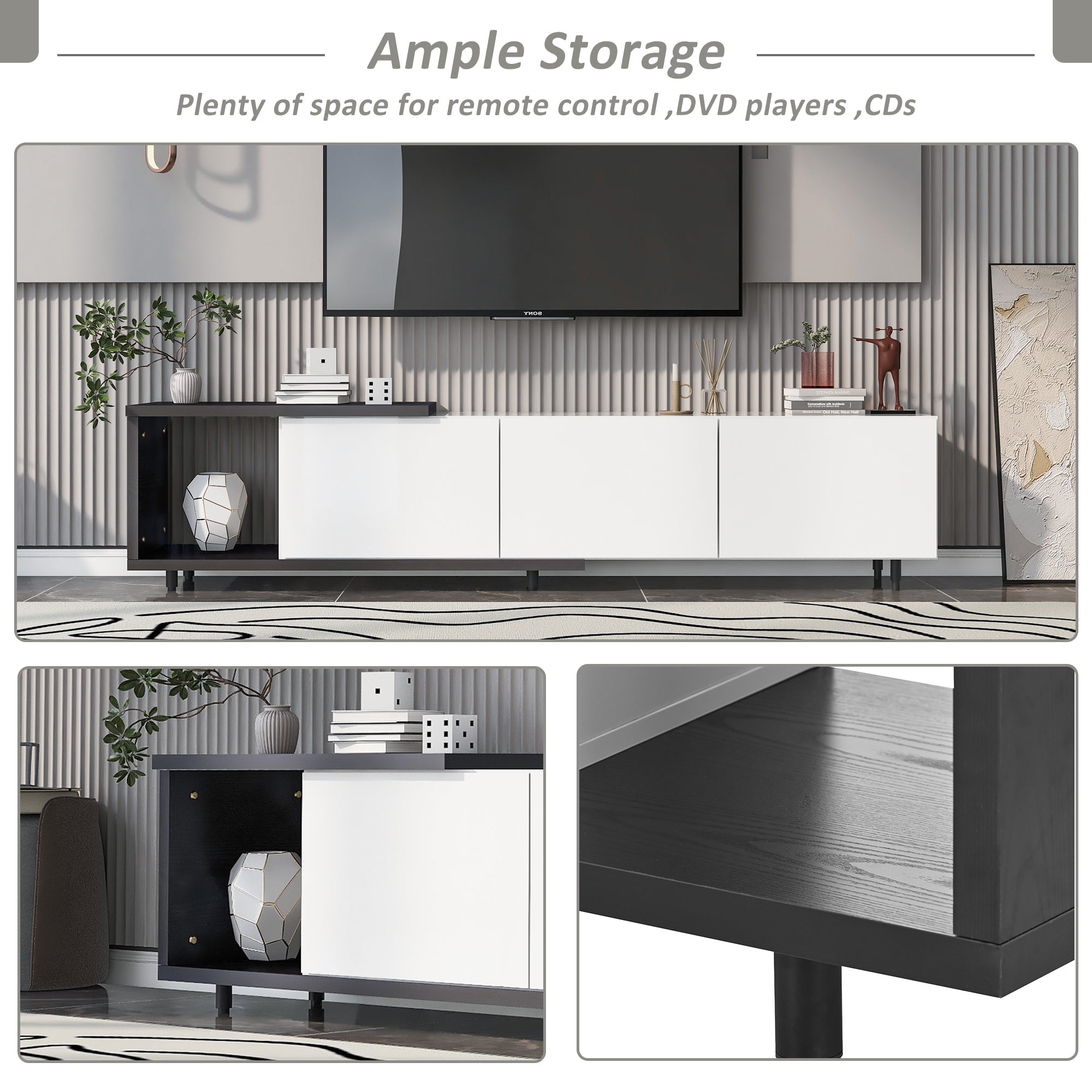 U-Can  70.1''-100'' Modern Stylish ExtendableTV Stand  TV Cabinet for 80+inch TV, Black+White (Old SKU: WF299723AAK)