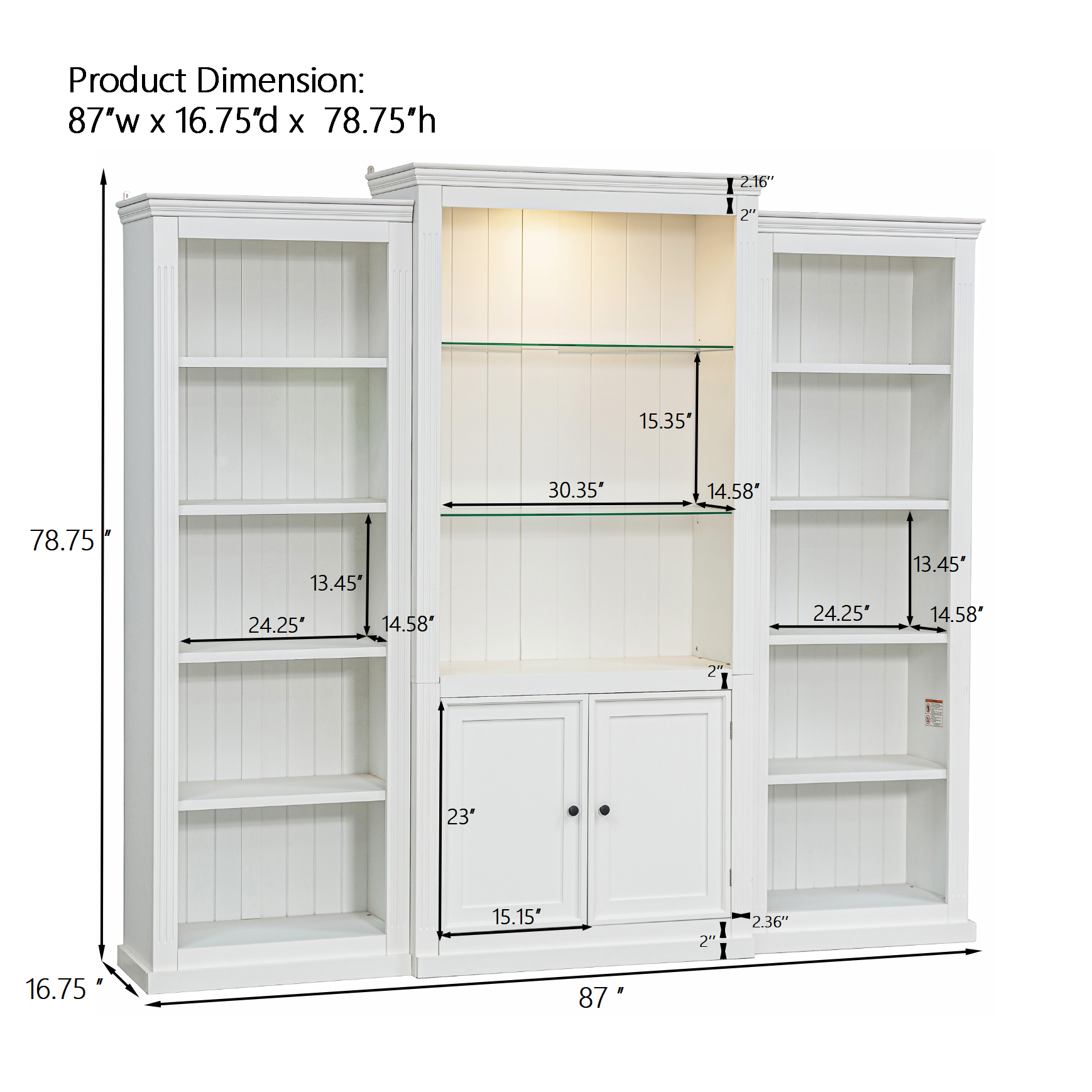 Retro Style 3-Piece Bookcase Display Cabinet with Adjustable LED Lighting, Tempered Glass Shelves, White
