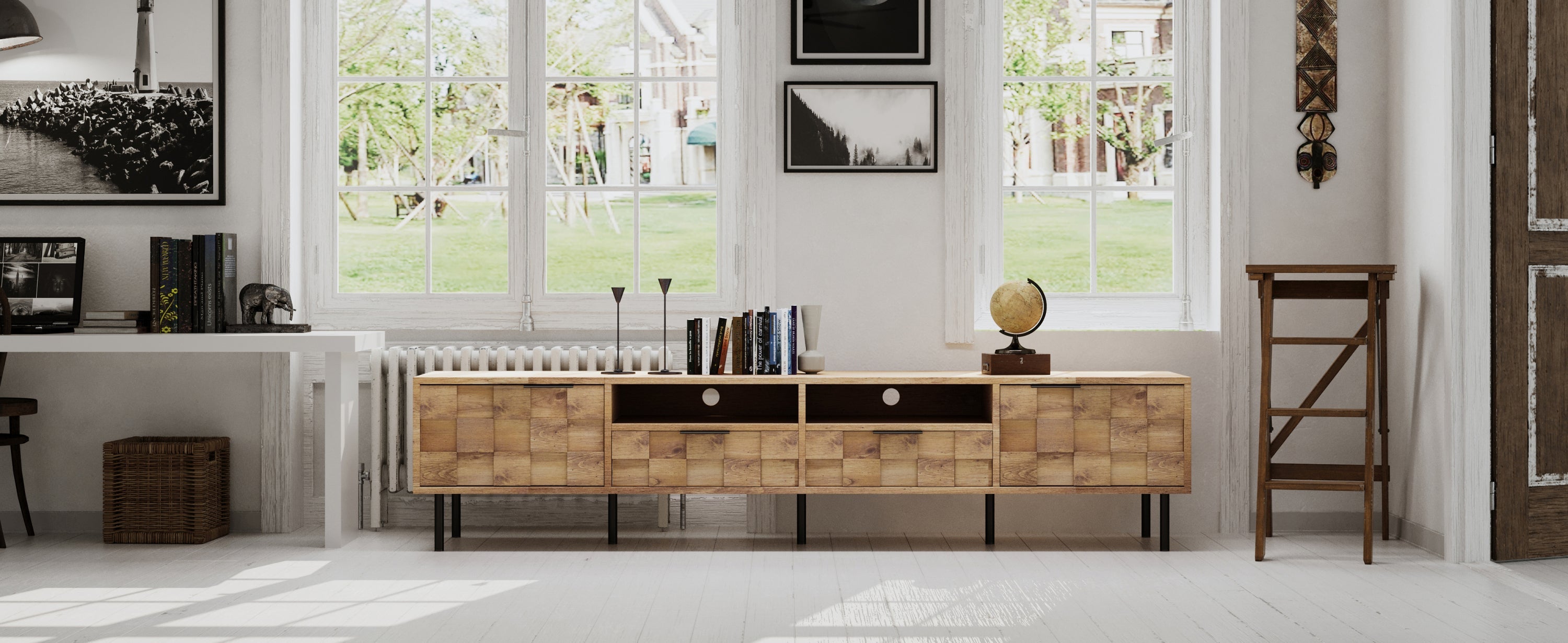 Mid Century TV Stand with 2 Drawers, Media Console Table for TVs up to 85'', Entertainment Center with Storage for Living room, Bedroom, Home Theatre
