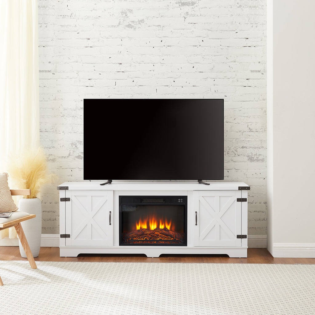 Modern Farmhouse TV Media Stand, Large Barn Inspired Home Entertainment Console, with 23' Fireplace Insert, for TV Up to 70'', with Open Shelves and Closed Cabinets, White, 64.8'W*15.67'D*24.29'H