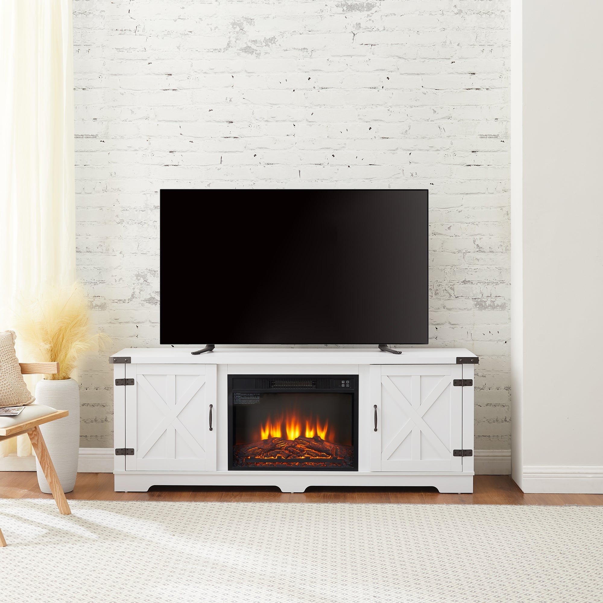 Modern Farmhouse TV Media Stand, Large Barn Inspired Home Entertainment Console, with 23' Fireplace Insert, for TV Up to 70'', with Open Shelves and Closed Cabinets, White, 64.8'W*15.67'D*24.29'H