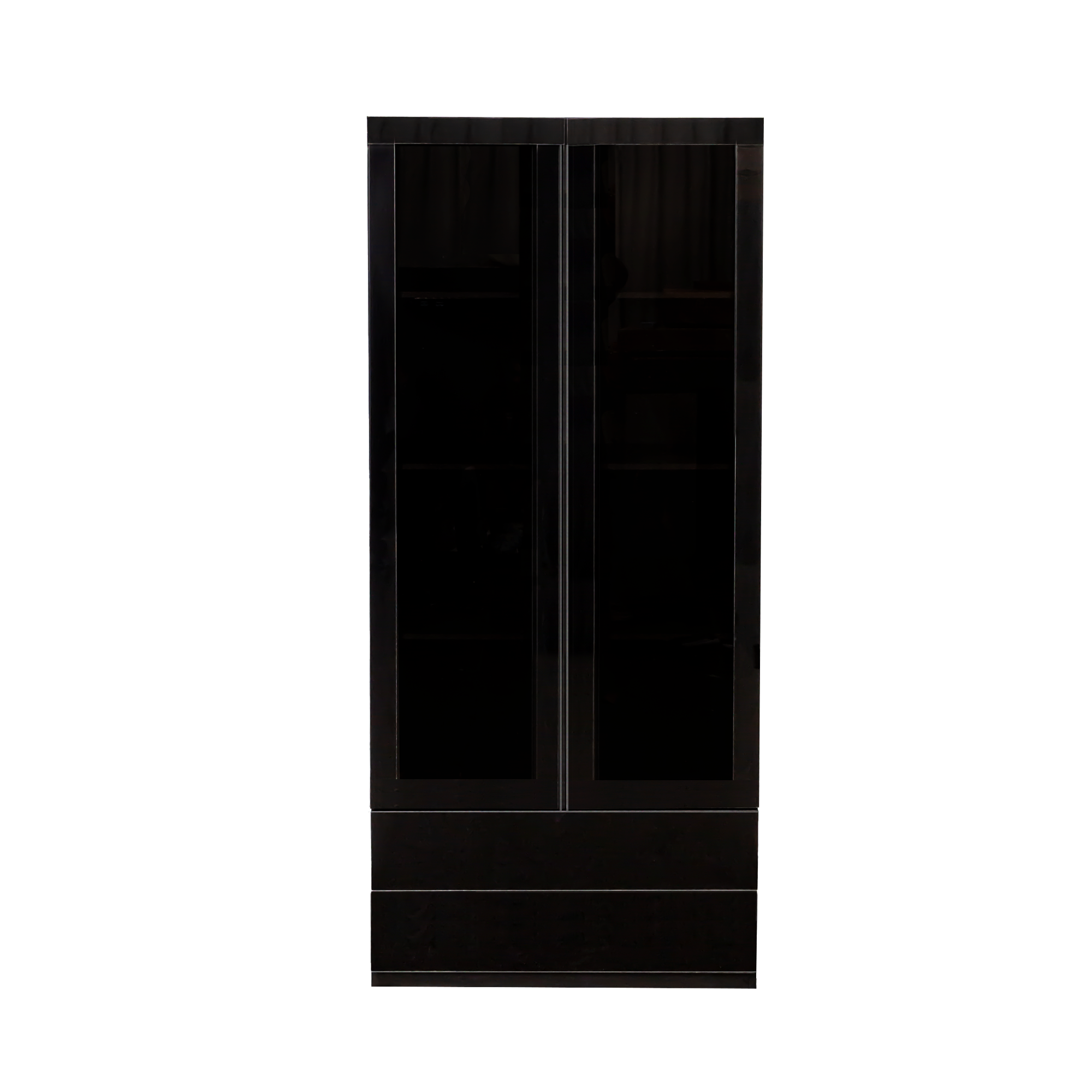 Display Cabinet with Glass Doors, Curio Storage Cabinet with 2-Drawer, Bookcase with LED Lights, Black