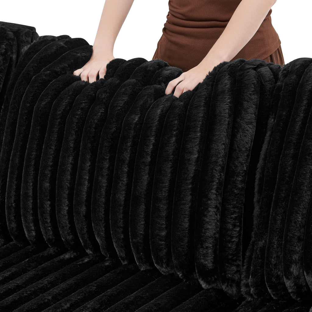 U Shaped Sleeper Sofa, 122 inch Overisze - 2 in 1 Pull Out Bed, Sectional Sleeper Sofa with Double Storage Chaise for Living Room, Rabbit plush Corduroy Fabric Couch, Black