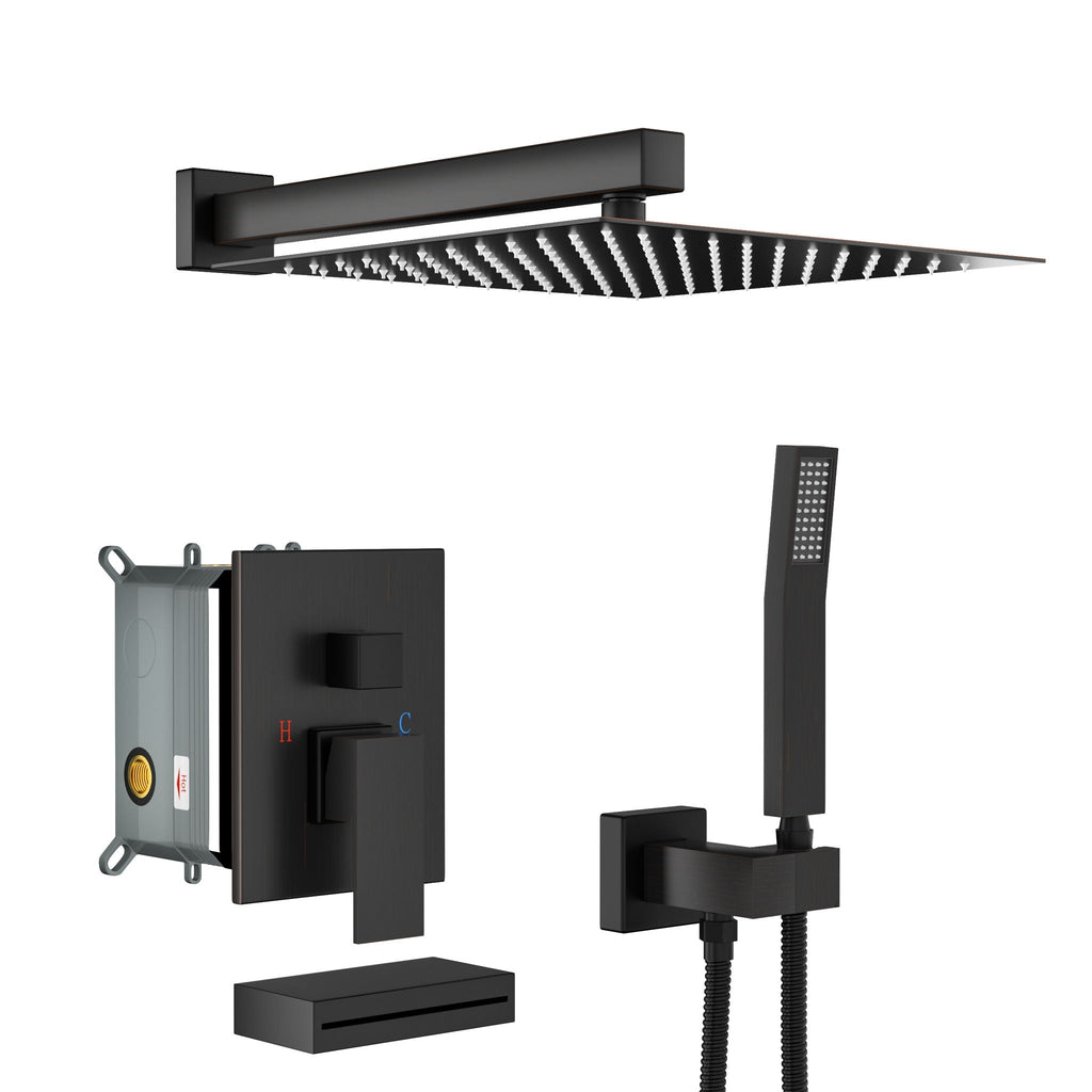 Square Shower System With Waterfall Tub Spout And Rough In Valve, Wall Mounted