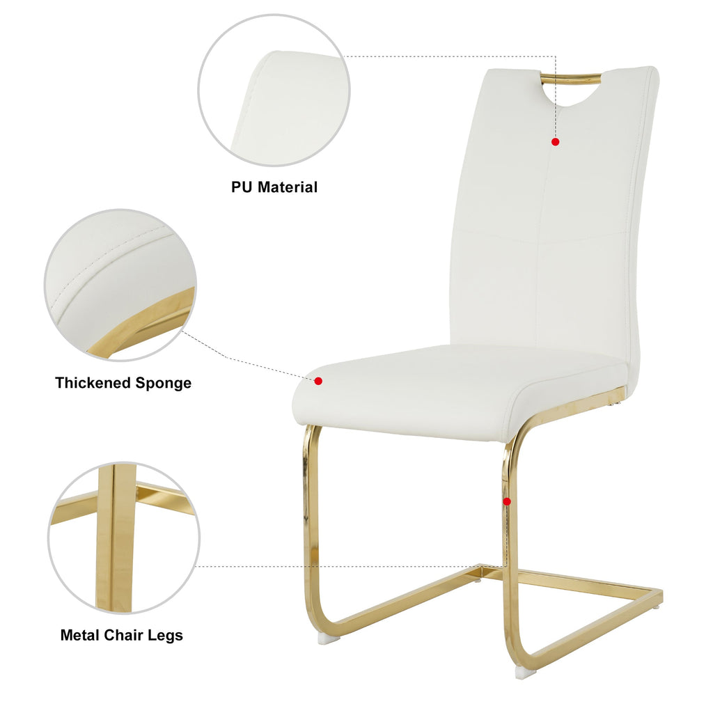 Modern style glass dining table, elegant transparent design, sturdy stainless steel base, White dining chair set, with gold-plated chair legs, suitable for dining room and kitchen (set of 7)
