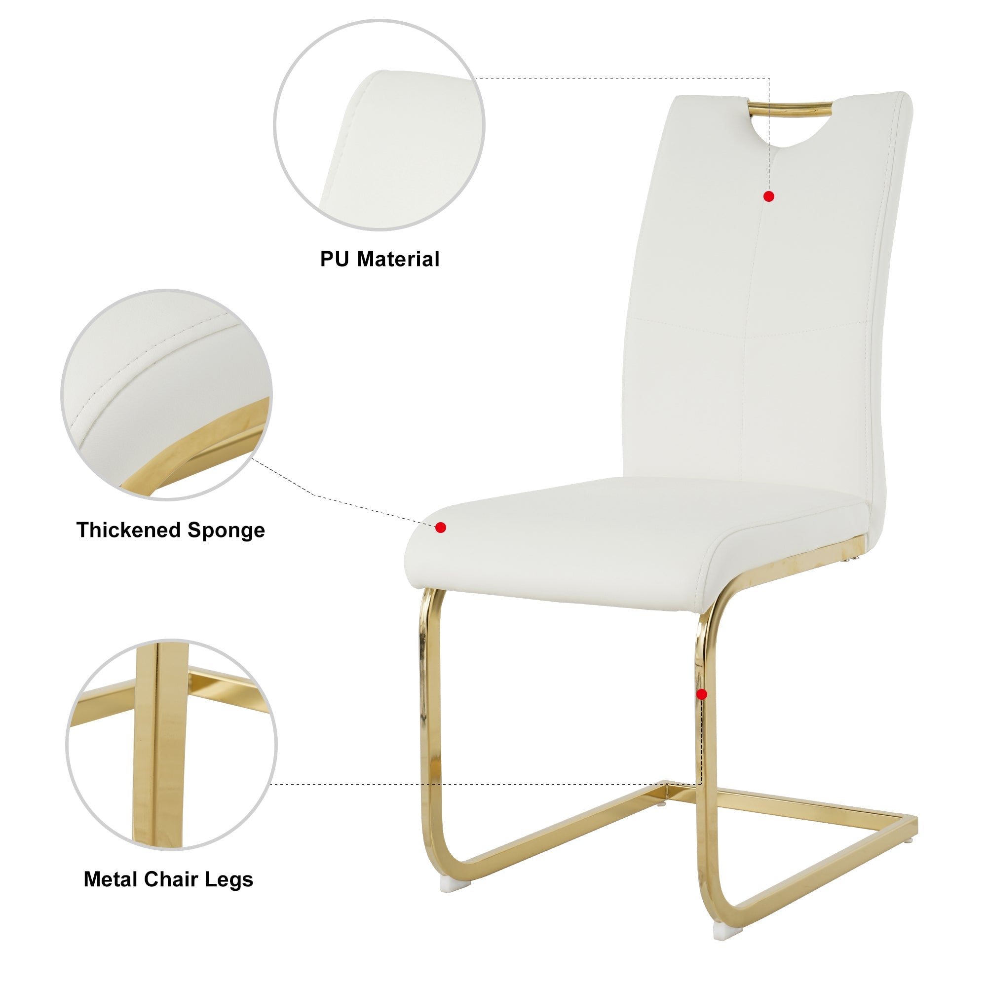 Modern style glass dining table, elegant transparent design, sturdy stainless steel base, White dining chair set, with gold-plated chair legs, suitable for dining room and kitchen (set of 7)