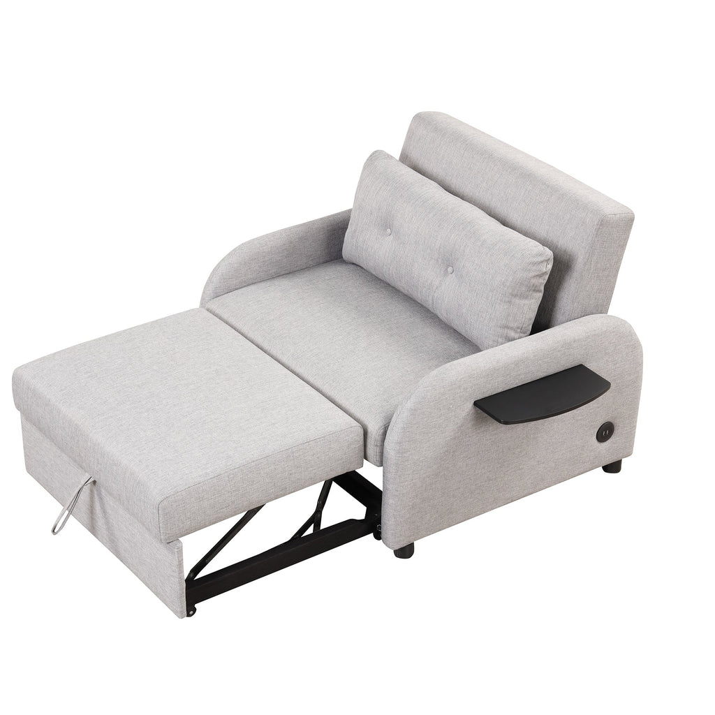 3-in-1 Pull Out Sofa Sleeper with Wing Table and USB Charge, Gray Linen, Iron Frame, 36.2-71.7'D x 42.9'W x 35.8'H