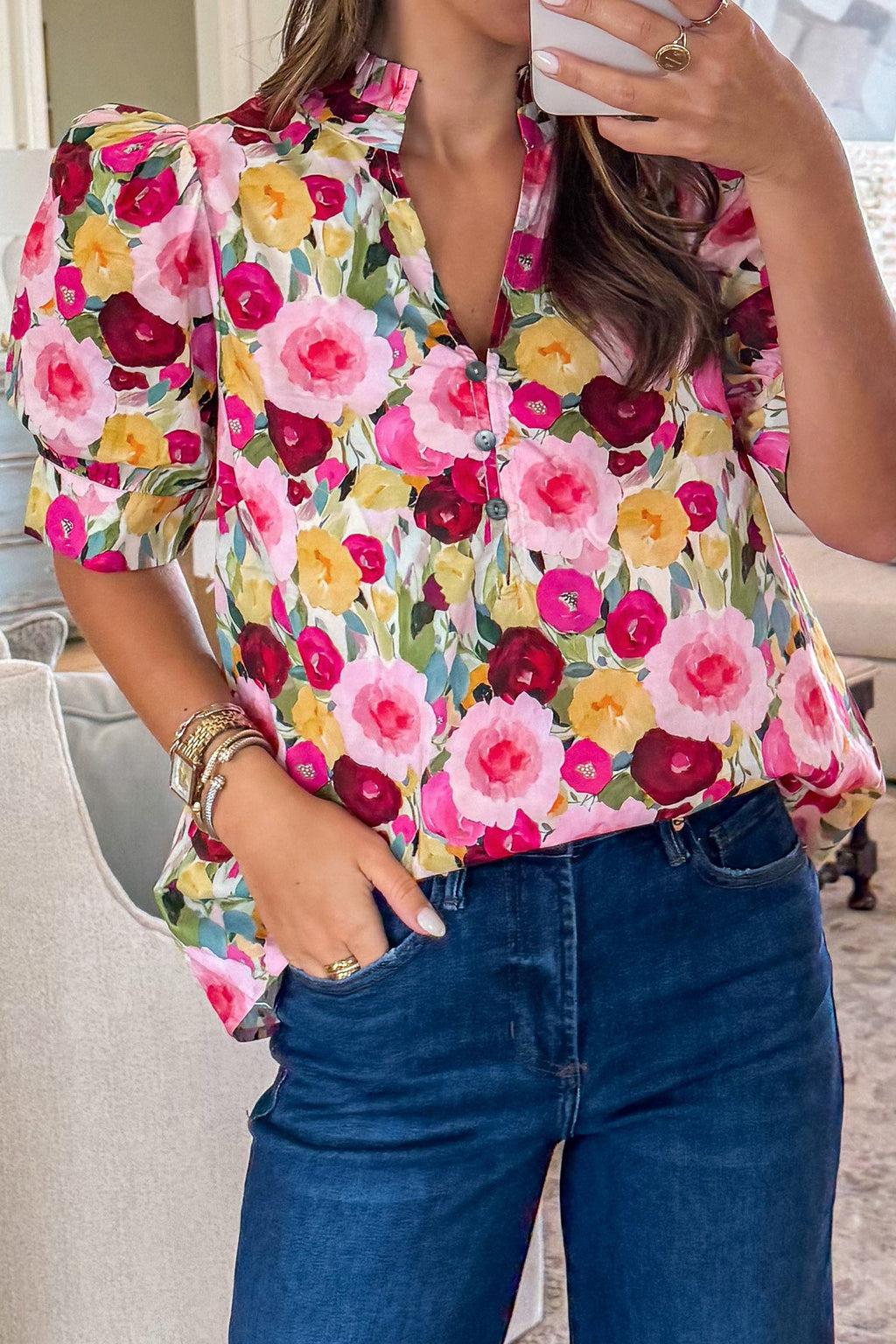 Floral Frilled V-Neck Short Puff Sleeve Blouse