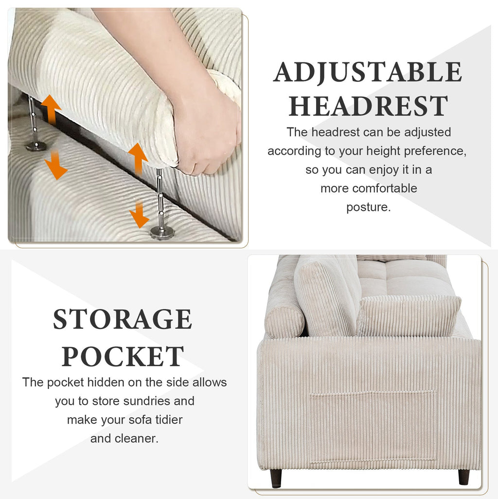 Modern corduroy modular section sofa, U-shaped convertible L-shaped sofa set with pillow, oversized sectional sofa with footstool, suitable for living room, attic, apartment, office - white 6 seat
