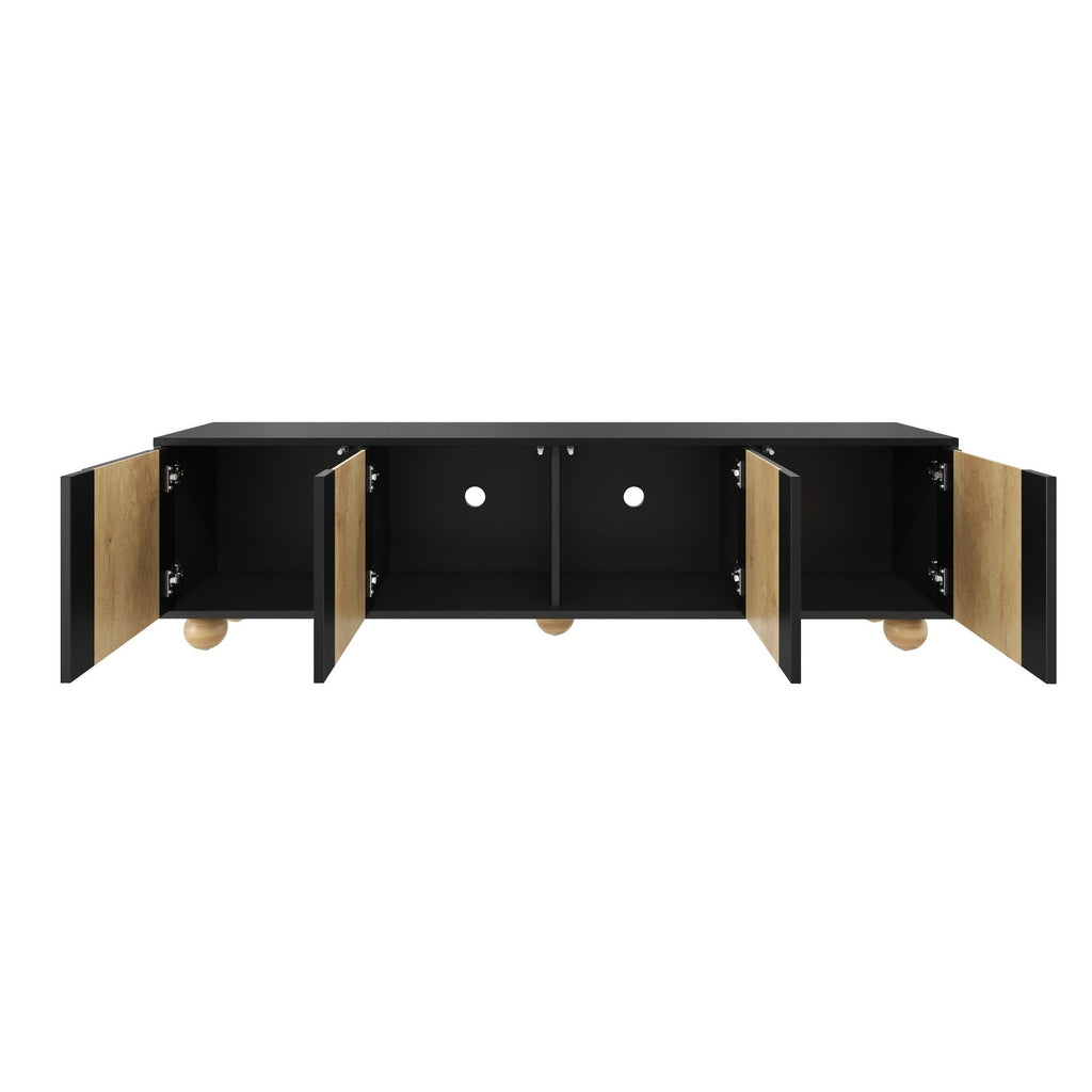 Farmhouse TV Stand with Cable Holes for TVs up to 75', Cream Style Media Console with Rebound Device, Elegant Entertainment Center with 5 Solid Wood Legs for Living Room, Bedroom, Black, 69.6'W