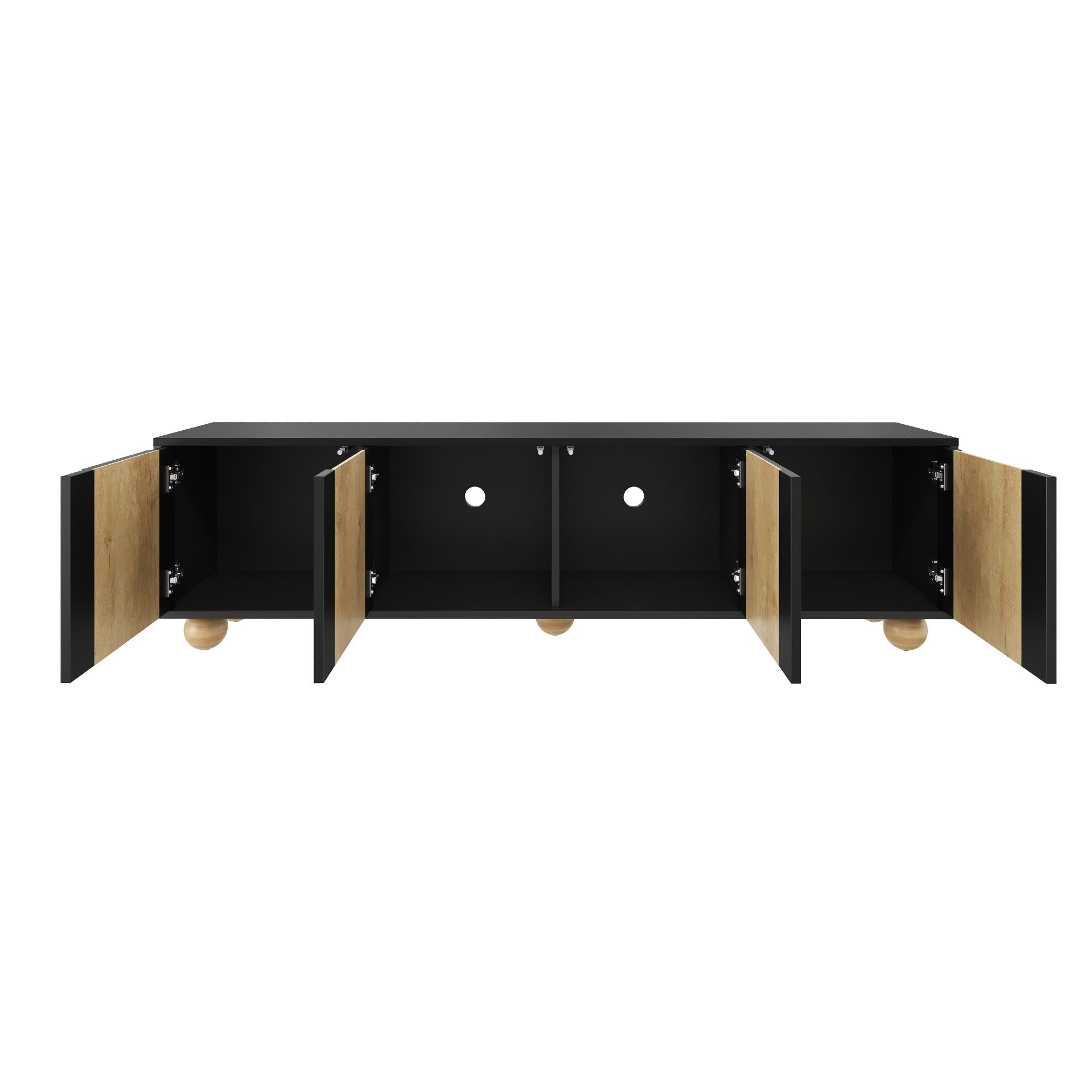 Farmhouse TV Stand with Cable Holes for TVs up to 75', Cream Style Media Console with Rebound Device, Elegant Entertainment Center with 5 Solid Wood Legs for Living Room, Bedroom, Black, 69.6'W