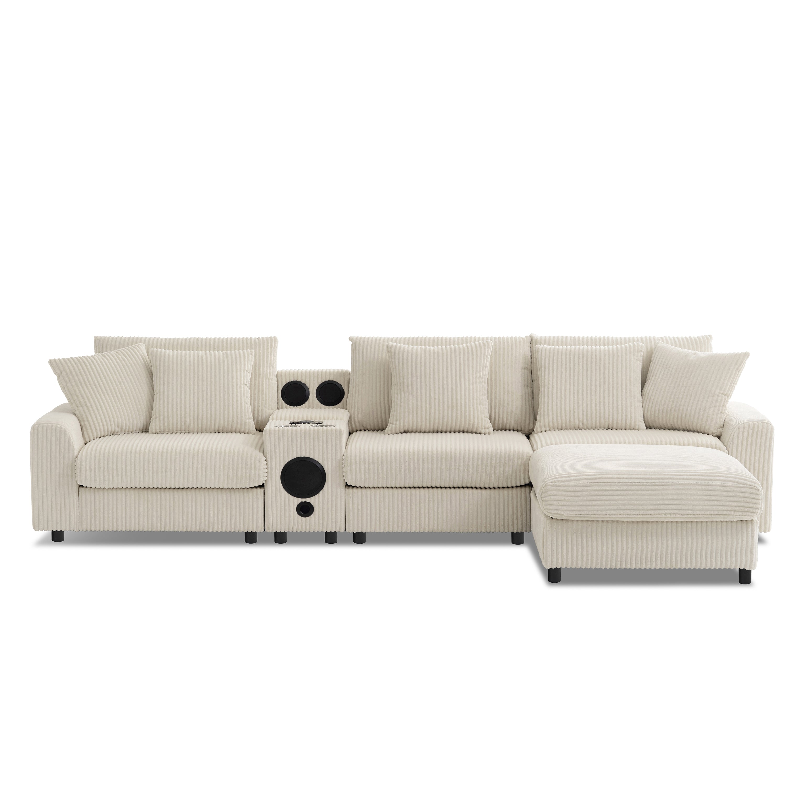 Modular Corduroy Sectional Sofa with Bluetooth Speakers, USB Charger, Cup Holders, Storage, Ottoman, 114*64'' Cream
