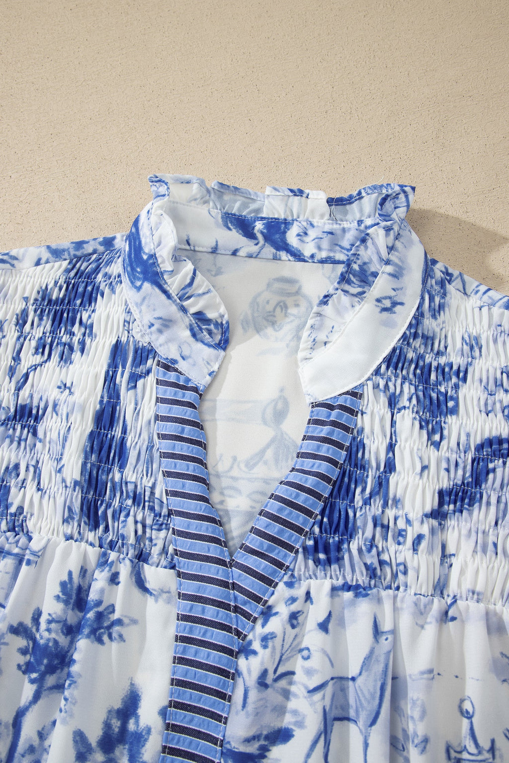 Floral Stripe Contrast V-Neck Puff Sleeve Blouse