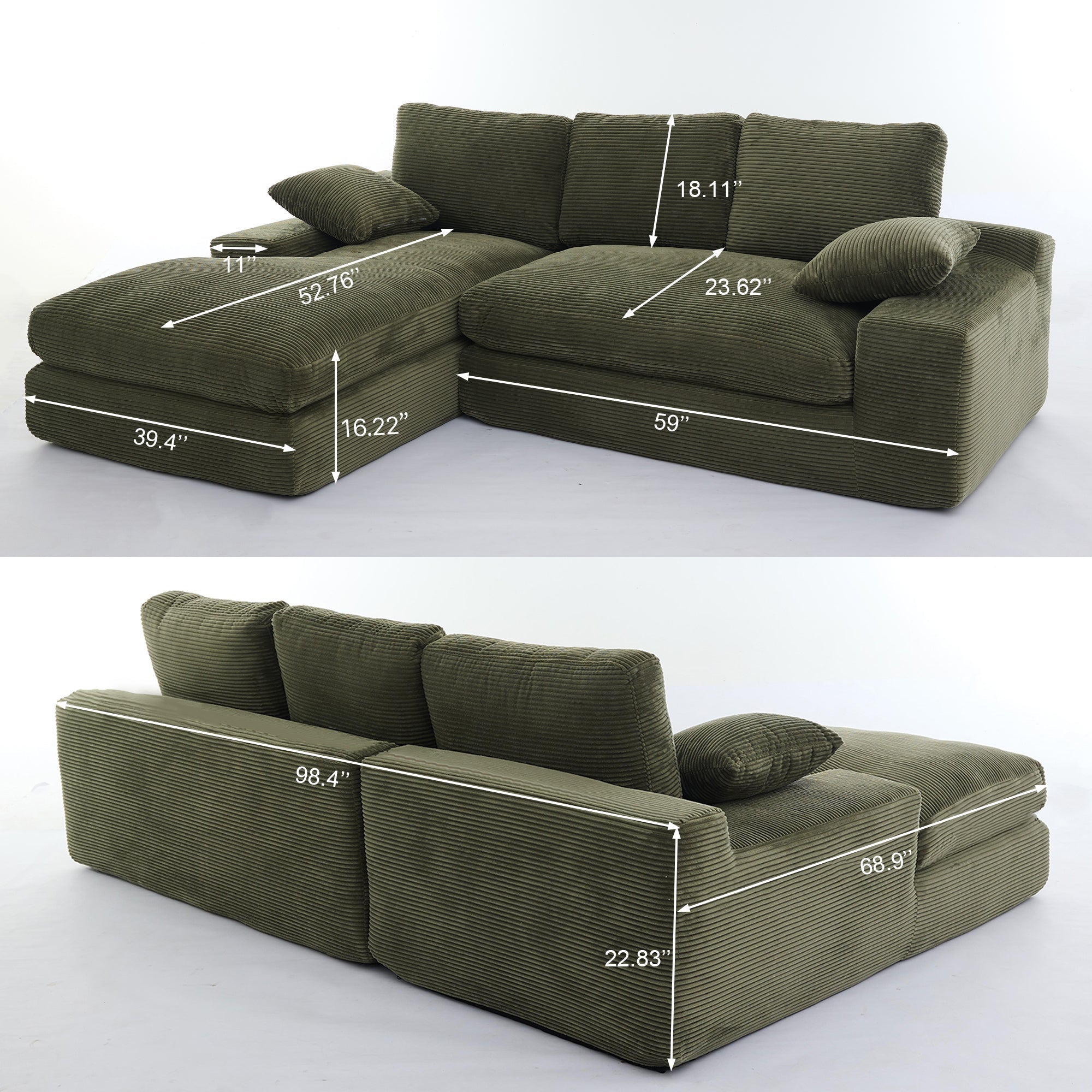 Modern Minimalist Modular Sectional Sofa Set, Upholstered Sleeper Sofa, Army Green, Foam Spring, 99*69 Inch