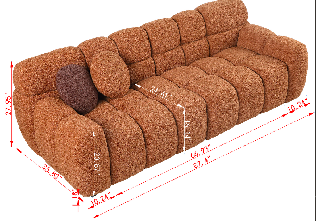 87.4 length ,35.83' deepth ,human body structure for USA people,  marshmallow sofa,boucle sofa ,3 seater, LIGHT BROWN   BOUCLE