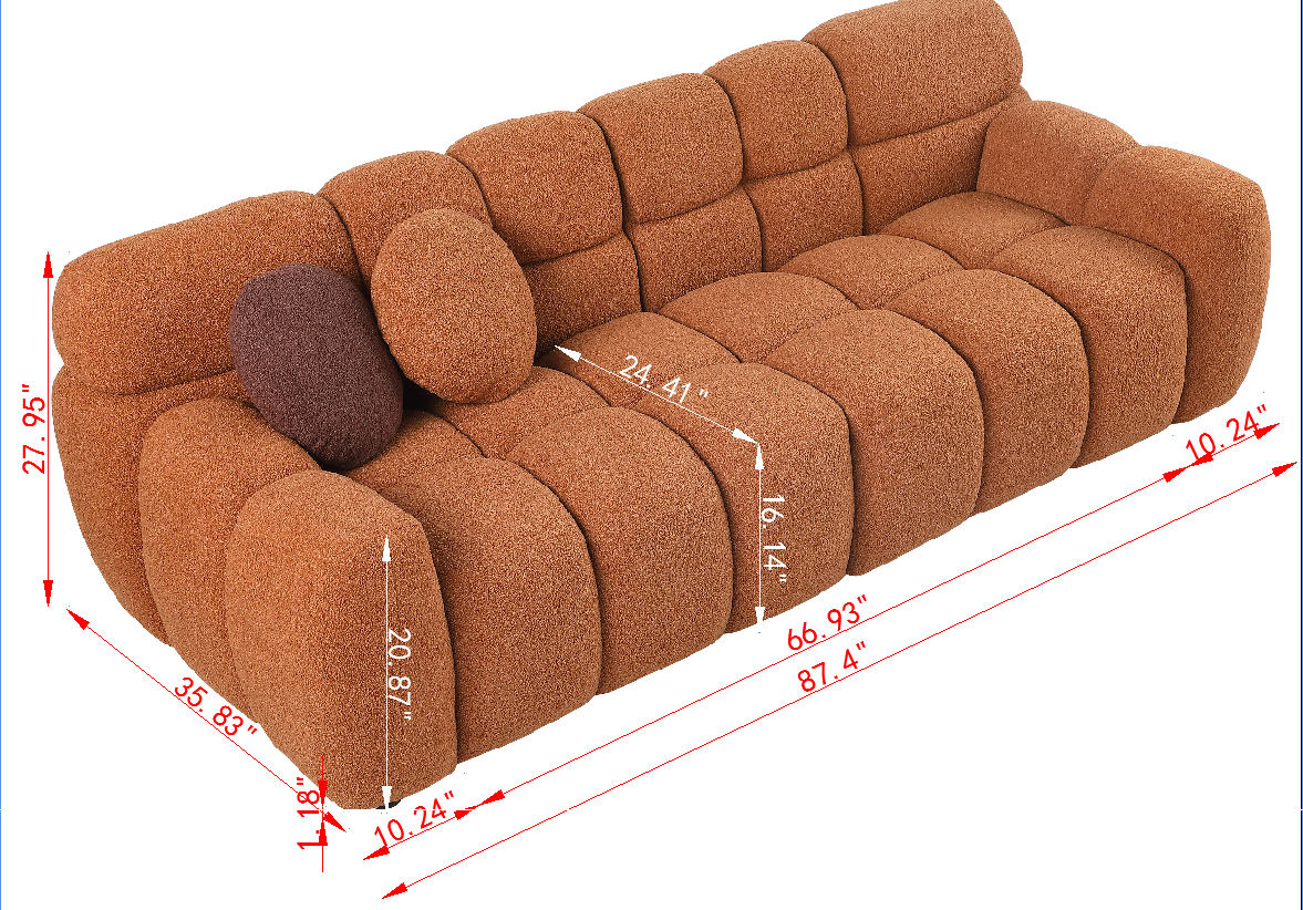 87.4 length ,35.83' deepth ,human body structure for USA people,  marshmallow sofa,boucle sofa ,3 seater, LIGHT BROWN   BOUCLE