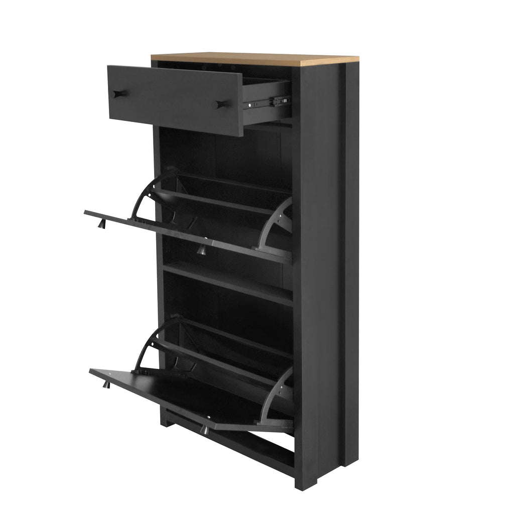 ON-TREND Functional Entryway Organizer with 2 Flip Drawers, Wood Grain Pattern Top Shoe Cabinet with Drawer, Free Standing Shoe Rack with Adjustable Panel for Hallway, Black