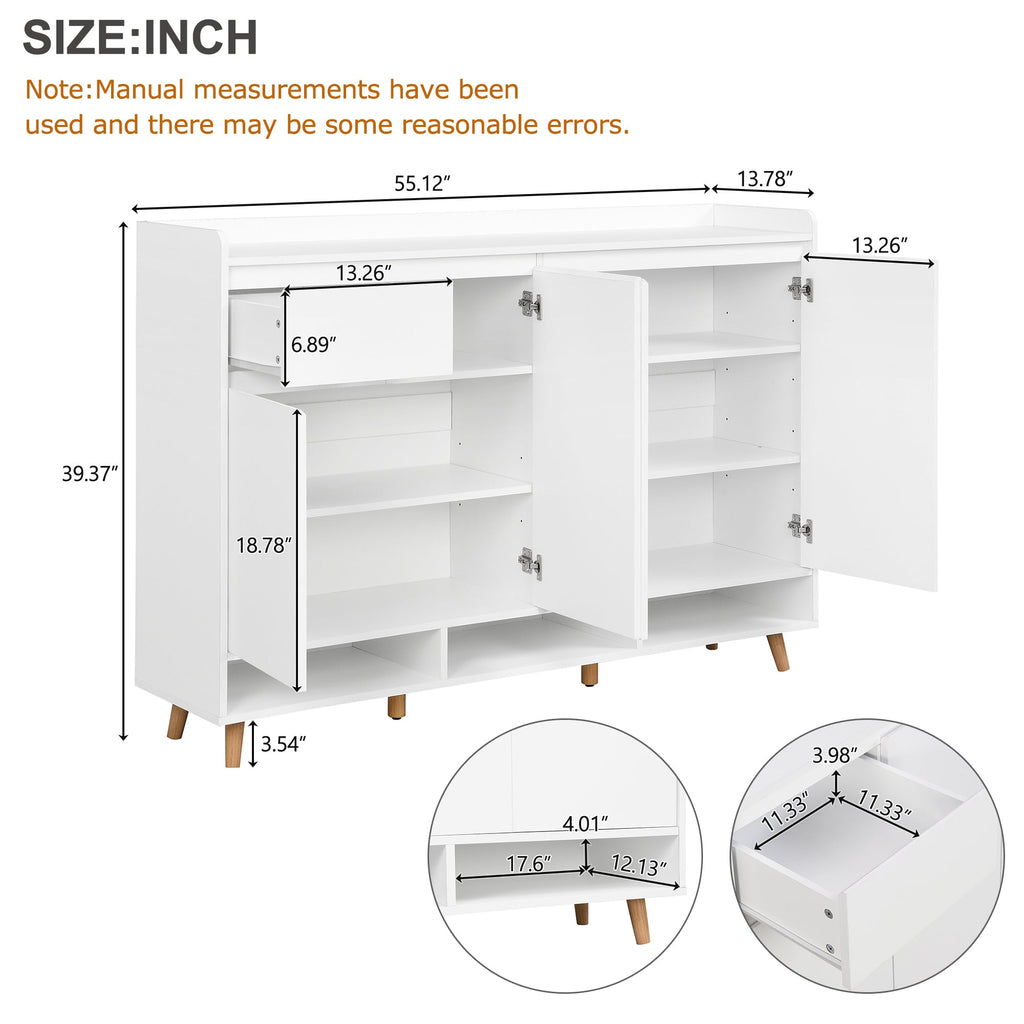 ON-TREND Sleek and Contemporary Shoe Cabinet with Adjustable Shelves, Minimalist Home Organizer with Solid Wood Legs, Storage Sideboard for Entryway, Living Room, White