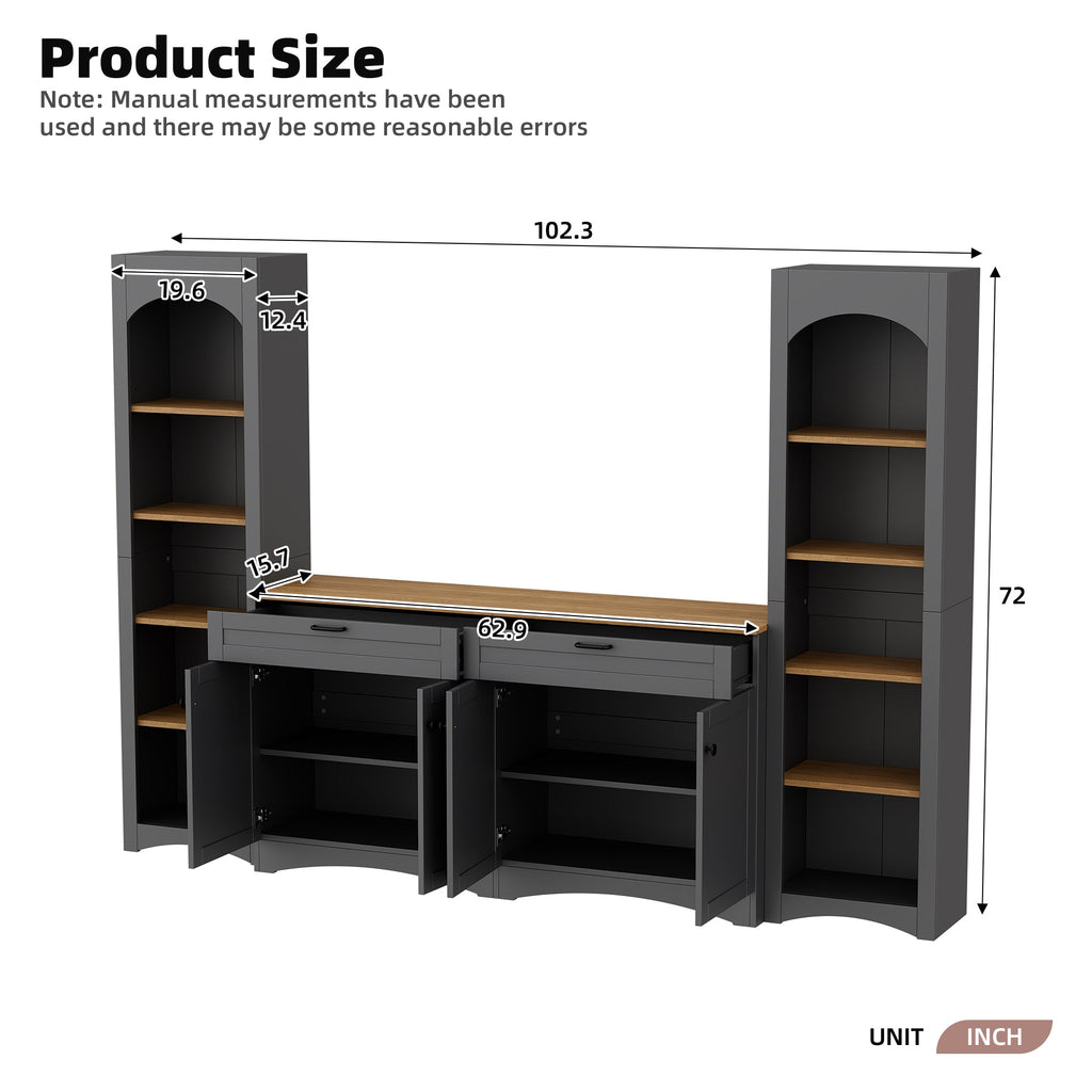 ON-TREND 3-Piece Farmhouse Entertainment Center with Storage Cabinet for TVs Up to 70', Mid-Century TV Stand with Bookshelf, Rustic Versatile Sideboard with Adjustable Shelves for Living Room, Grey