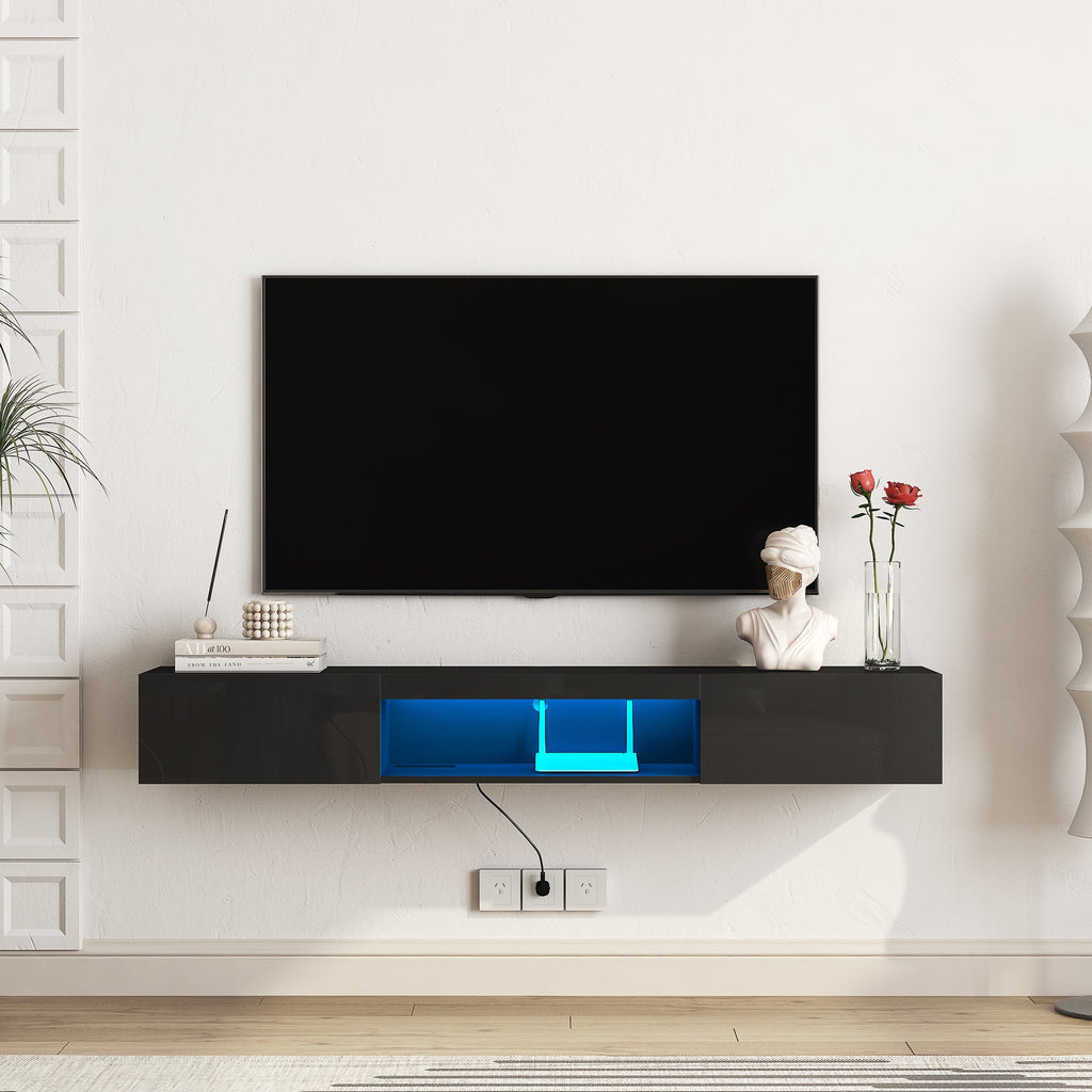Floating TV Stand Wall Mounted with 16 Color LEDs,63' Modern TV Stand, Floating TV Cabinet Entertainment Center for 55 60 65 Inch TV,Black