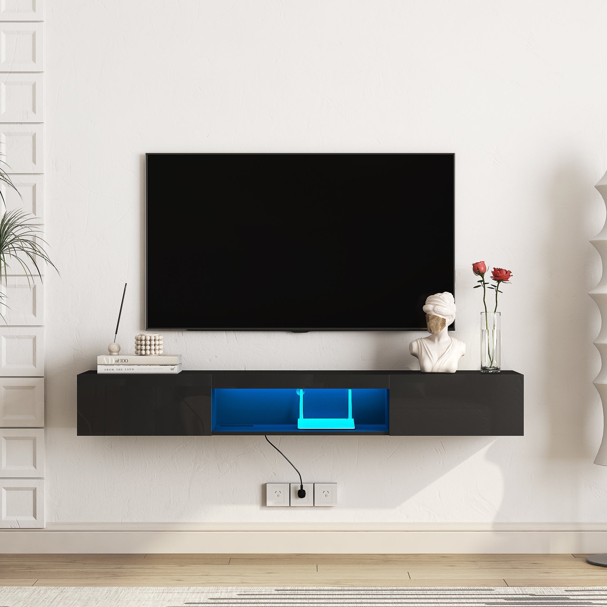 Floating TV Stand Wall Mounted with 16 Color LEDs,63' Modern TV Stand, Floating TV Cabinet Entertainment Center for 55 60 65 Inch TV,Black